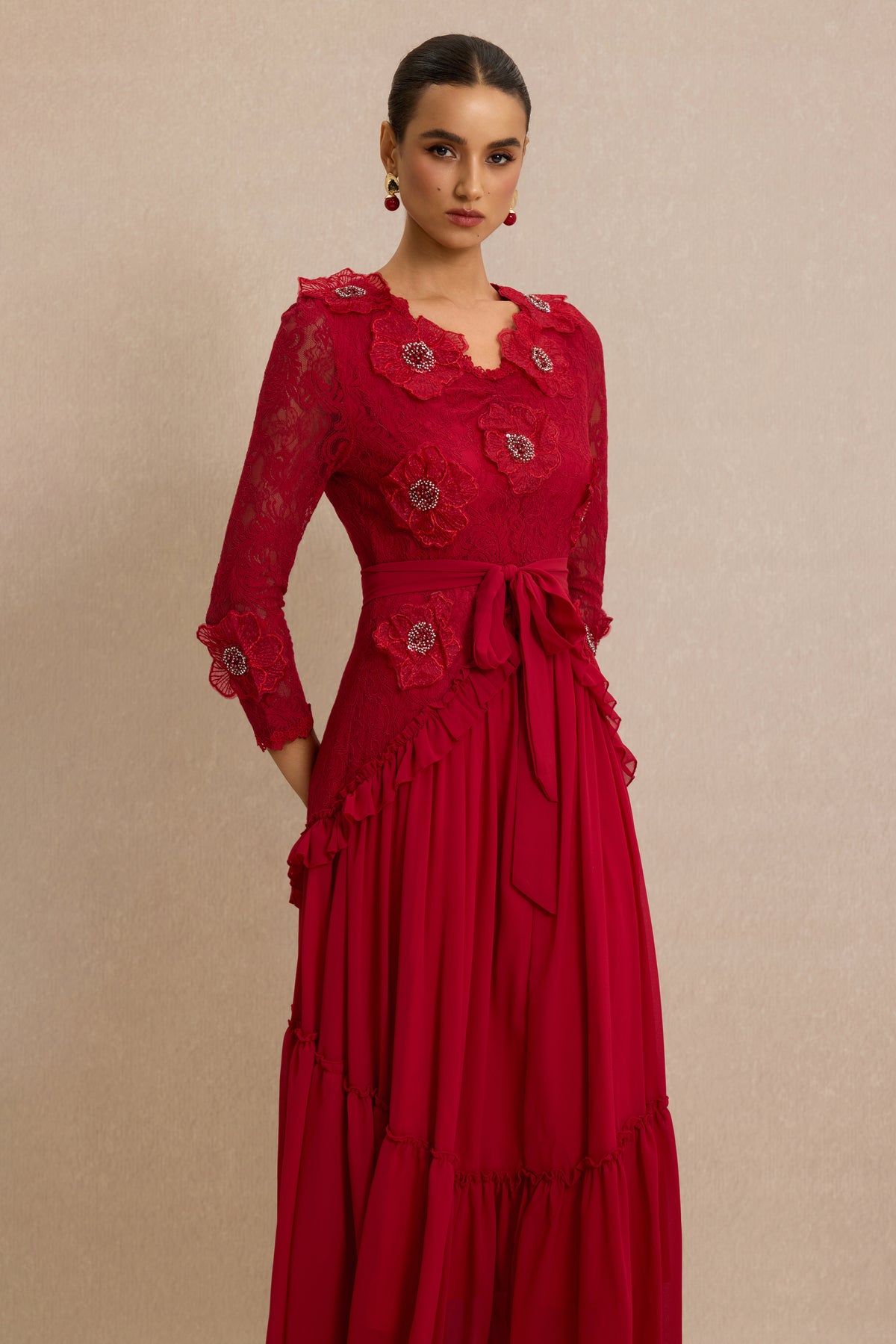 3D Flower Frill Midi Dress With Belt