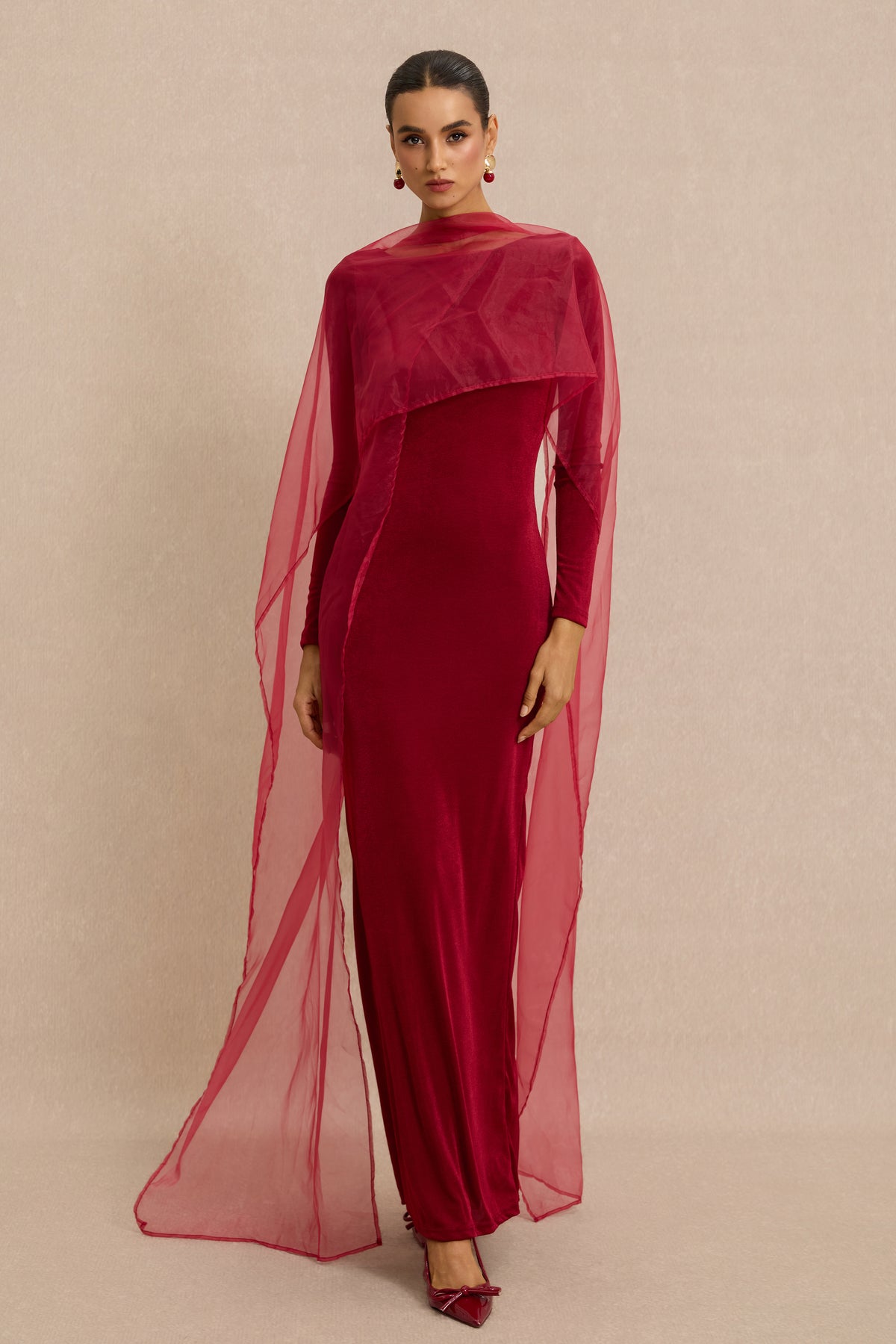 Jersey Cape Boat Neck Maxi Dress
