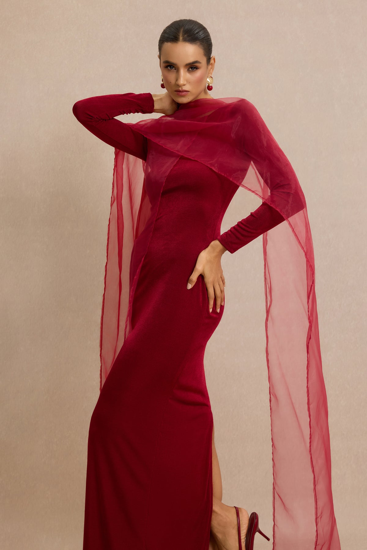 Jersey Cape Boat Neck Maxi Dress