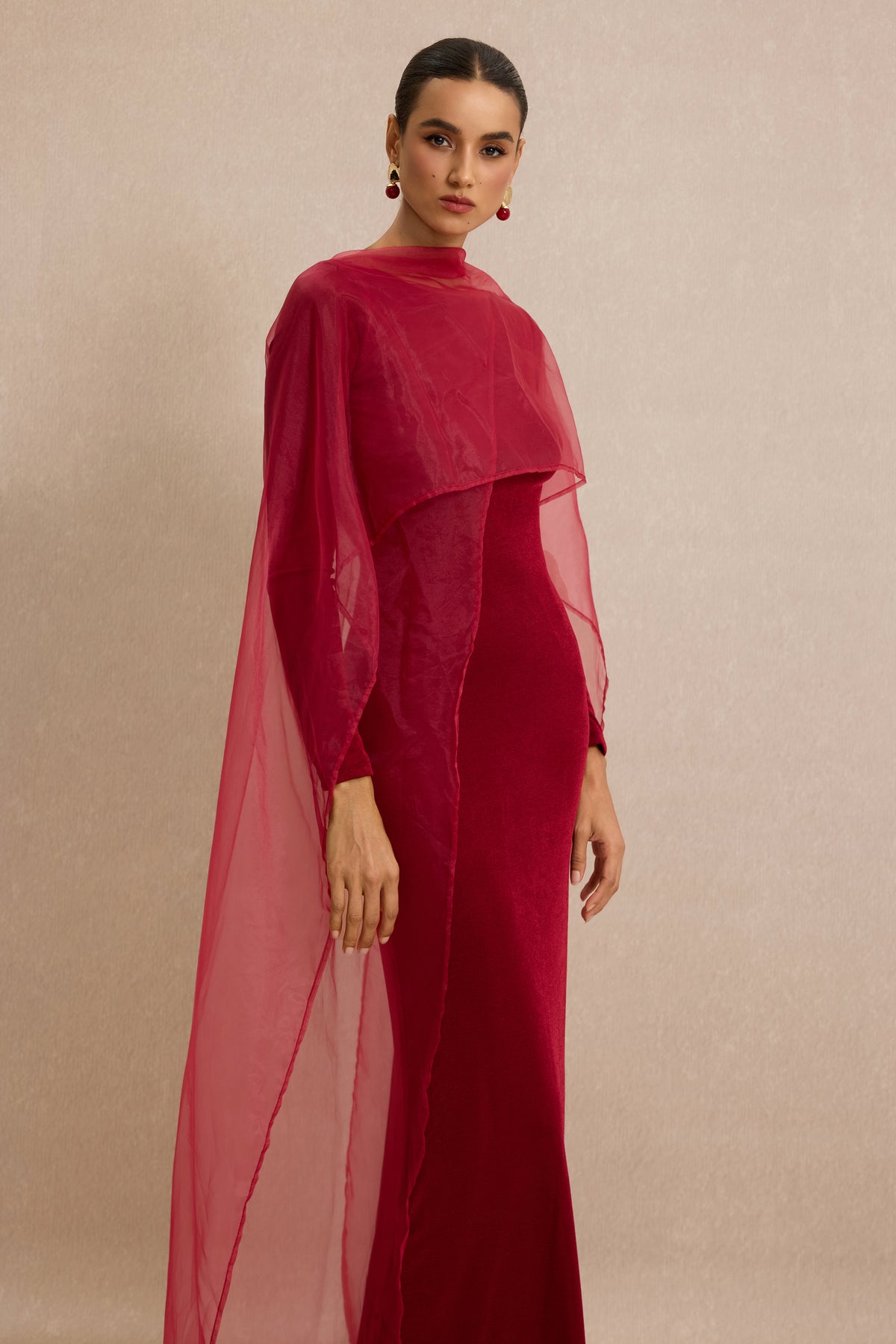 Jersey Cape Boat Neck Maxi Dress