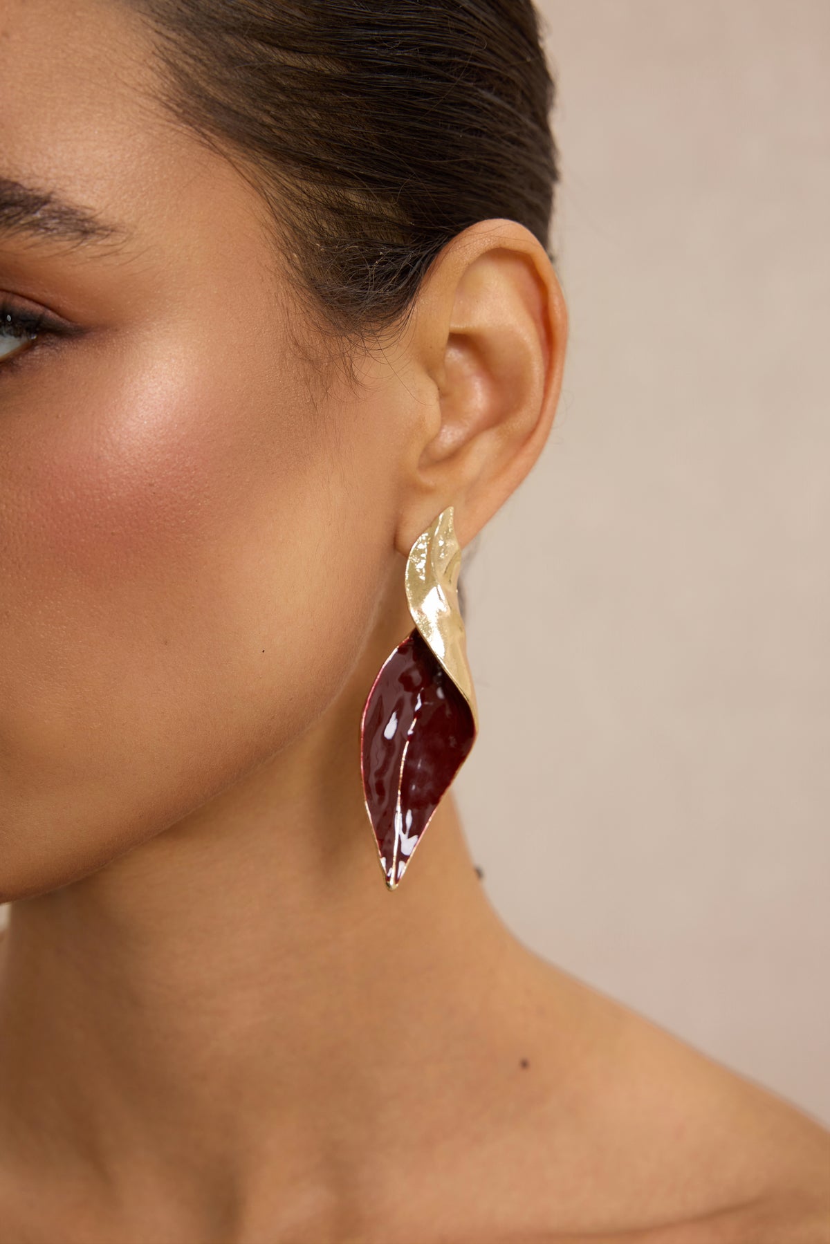 Twisted Gold Burgundy Enamel Leaf Drop Earrings