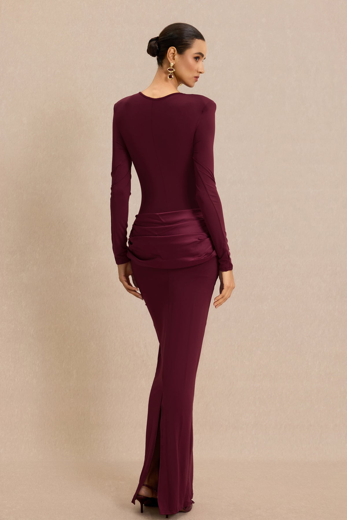 Jersey Splicing Satin Long Sleeve Maxi Dress