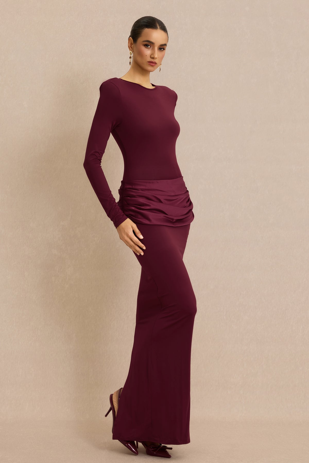 Jersey Splicing Satin Long Sleeve Maxi Dress