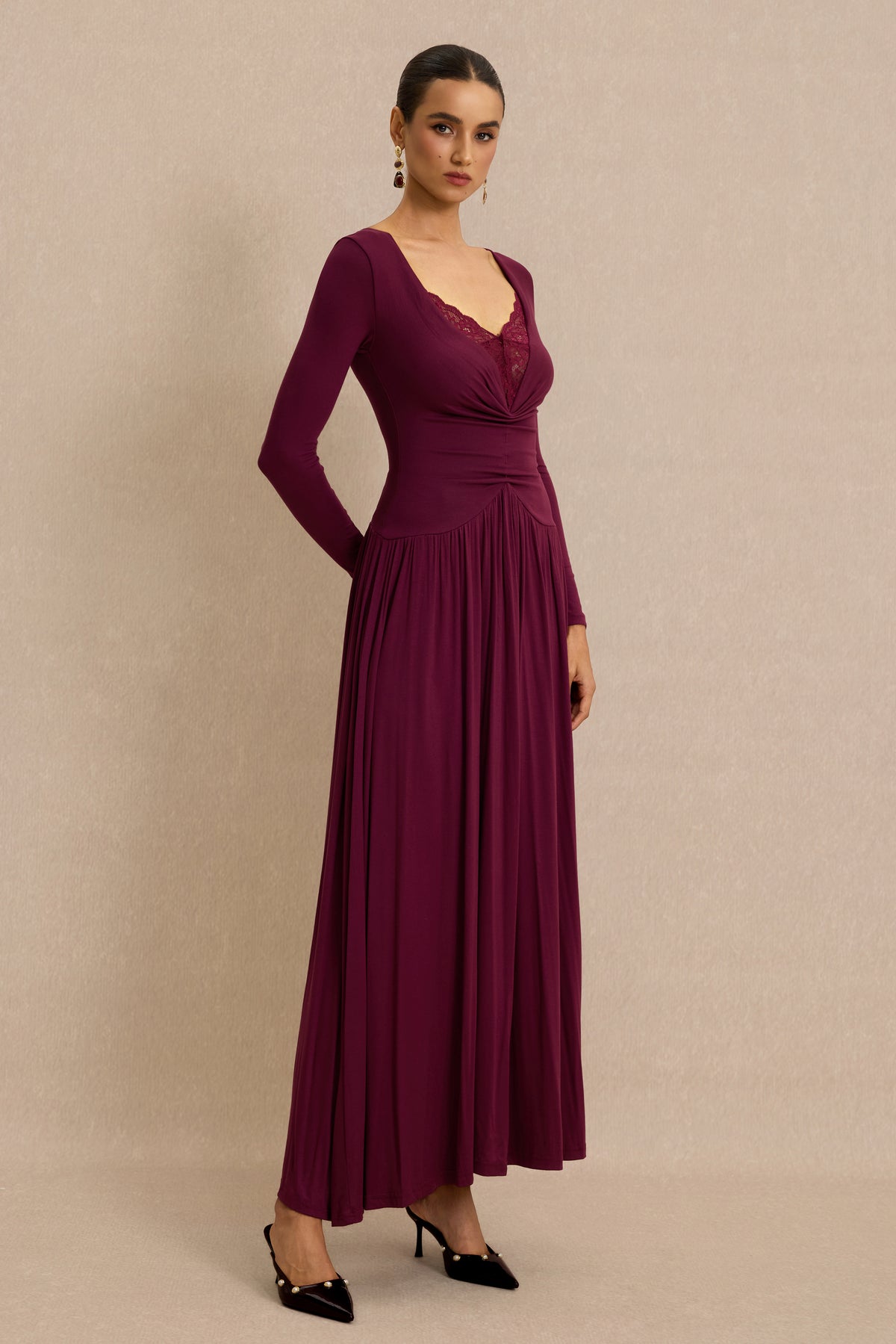 Lace Splicing V-Neck Midi Dress