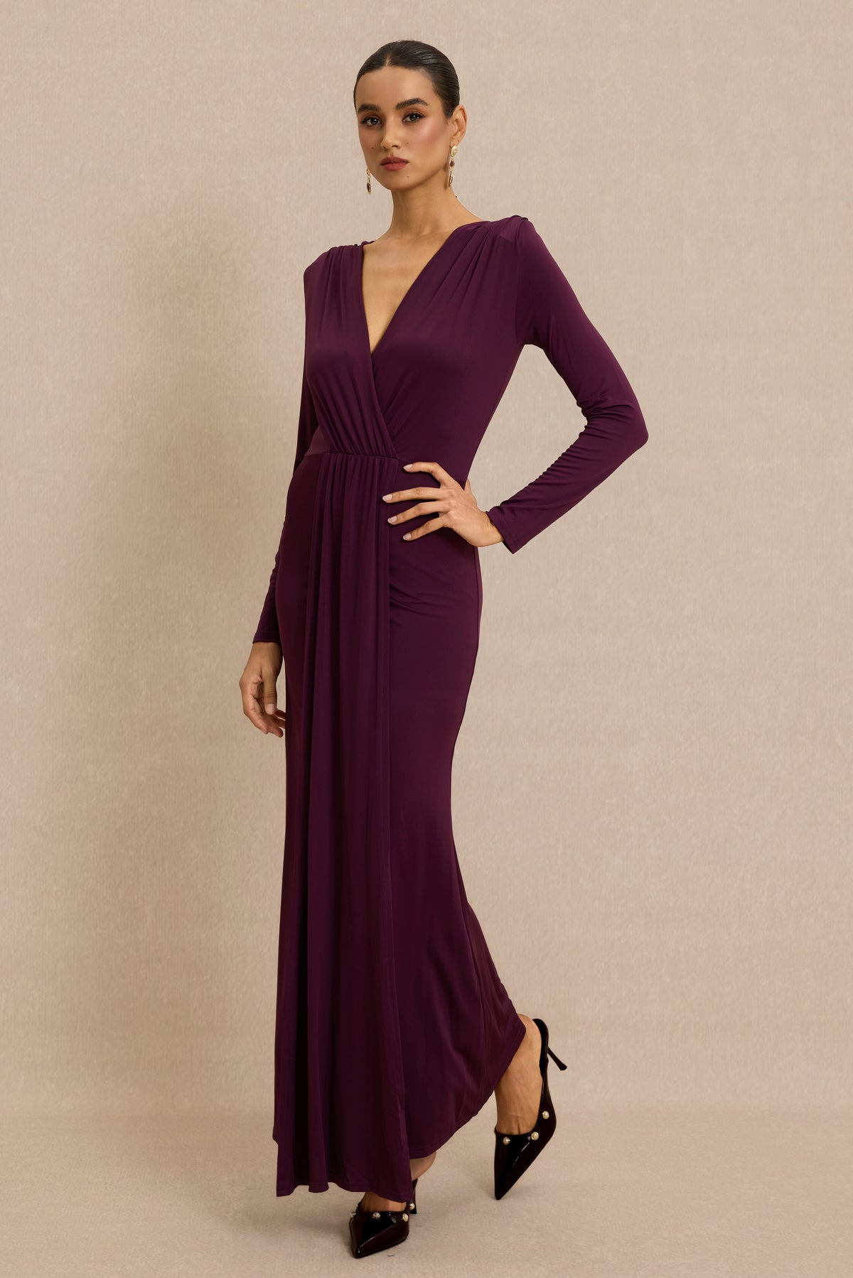 Jersey Draped Long Sleeve Midi Dress