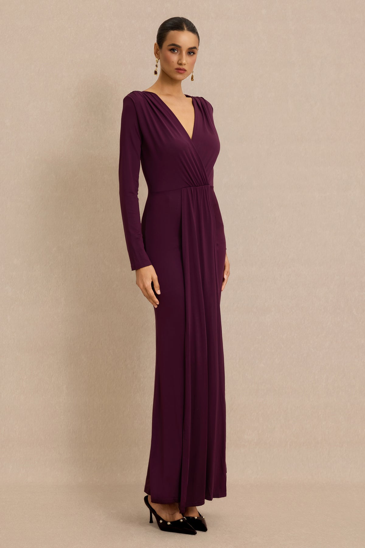 Jersey Draped Long Sleeve Midi Dress