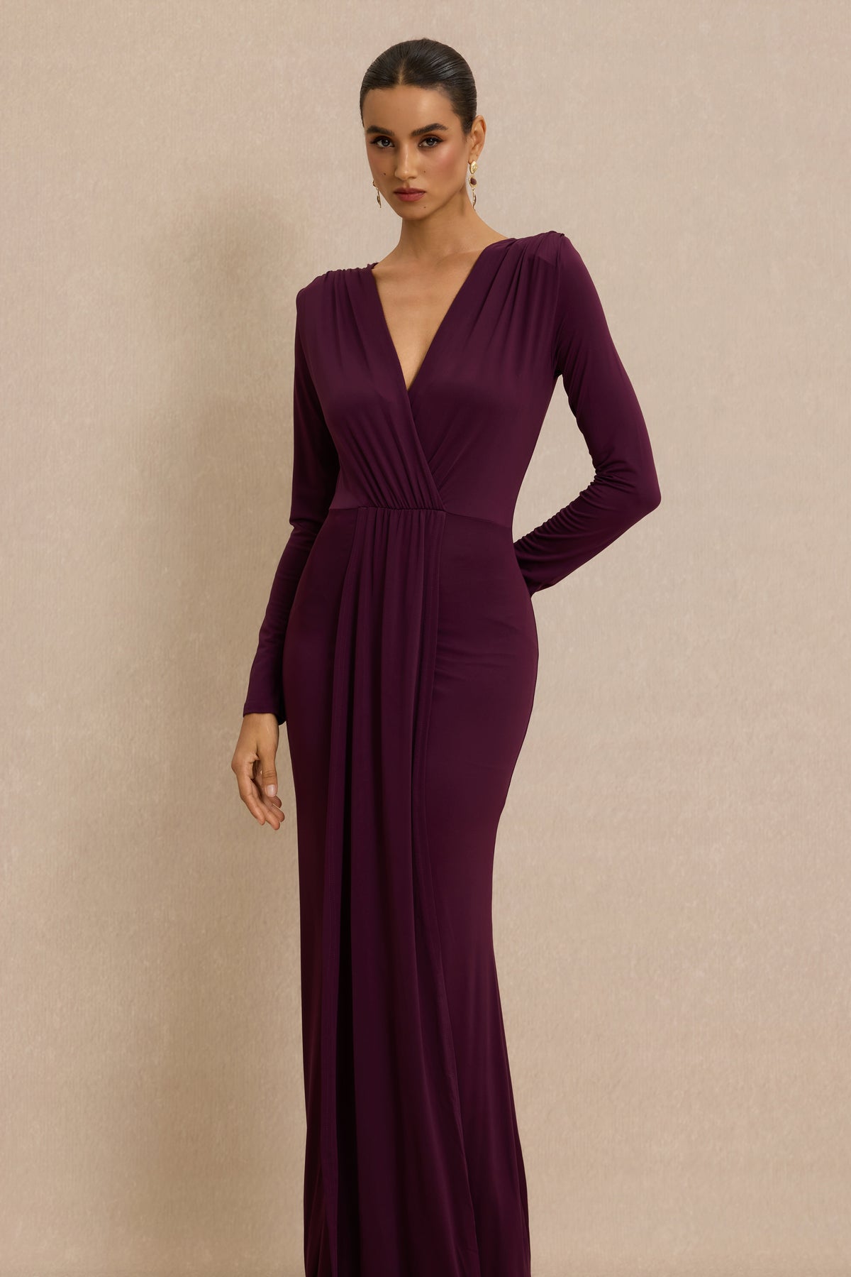 Jersey Draped Long Sleeve Midi Dress