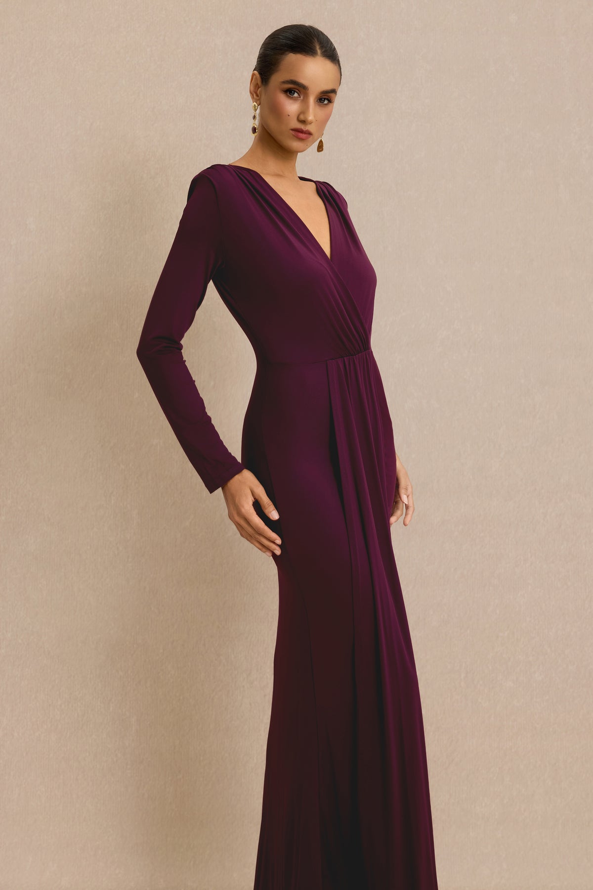 Jersey Draped Long Sleeve Midi Dress