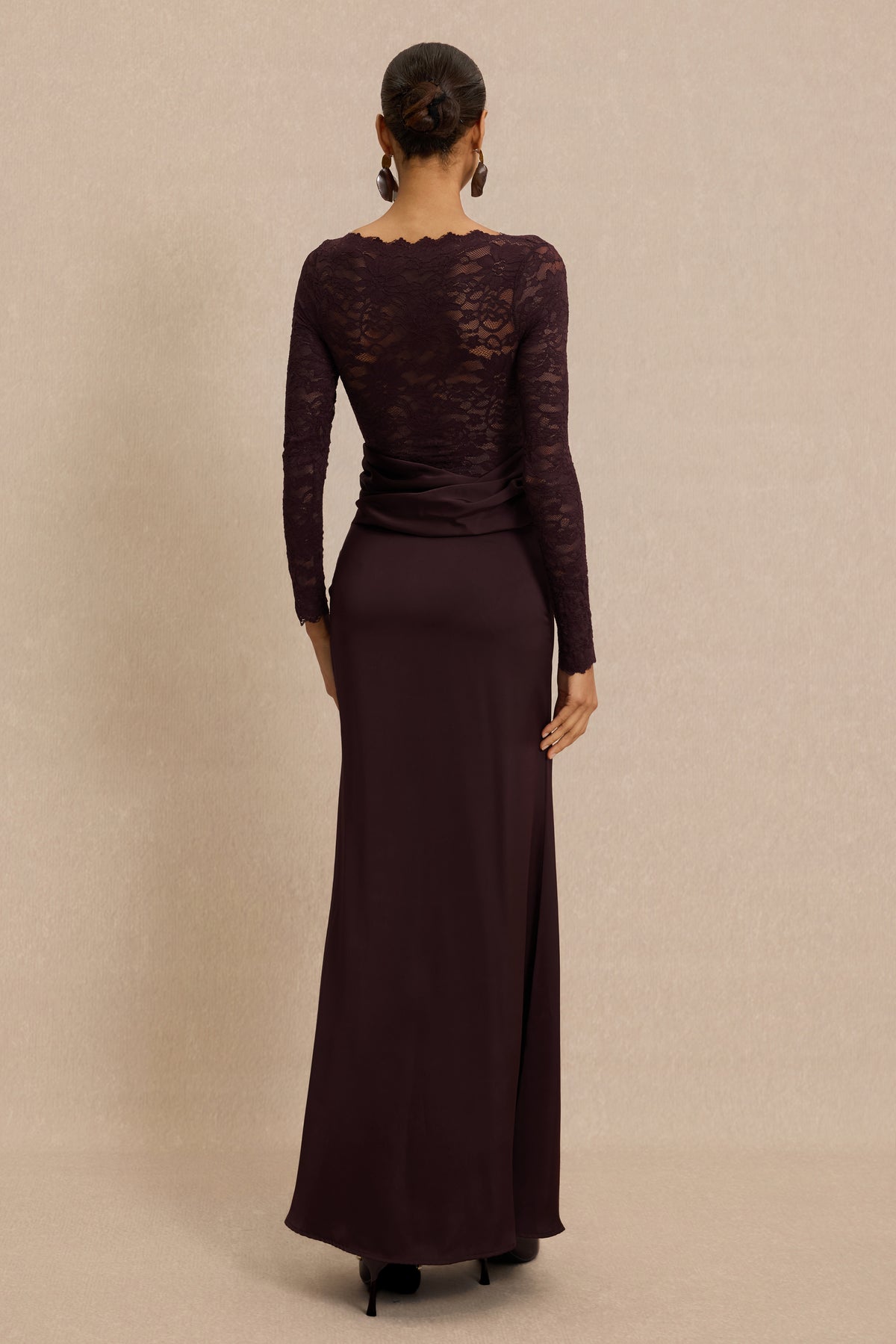 Lace Splicing Satin Long Sleeve Maxi Dress