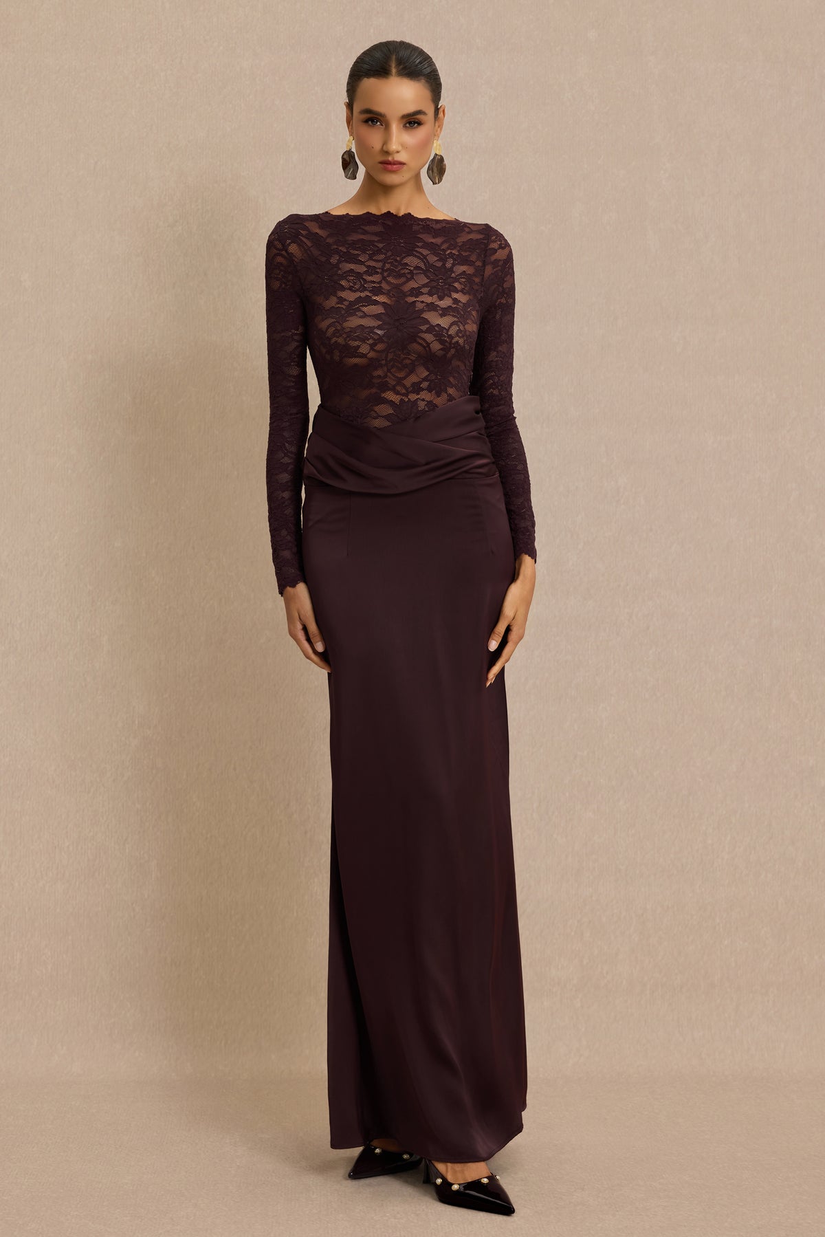 Lace Splicing Satin Long Sleeve Maxi Dress