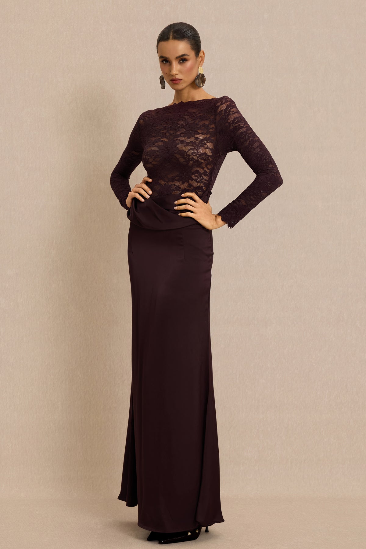 Lace Splicing Satin Long Sleeve Maxi Dress