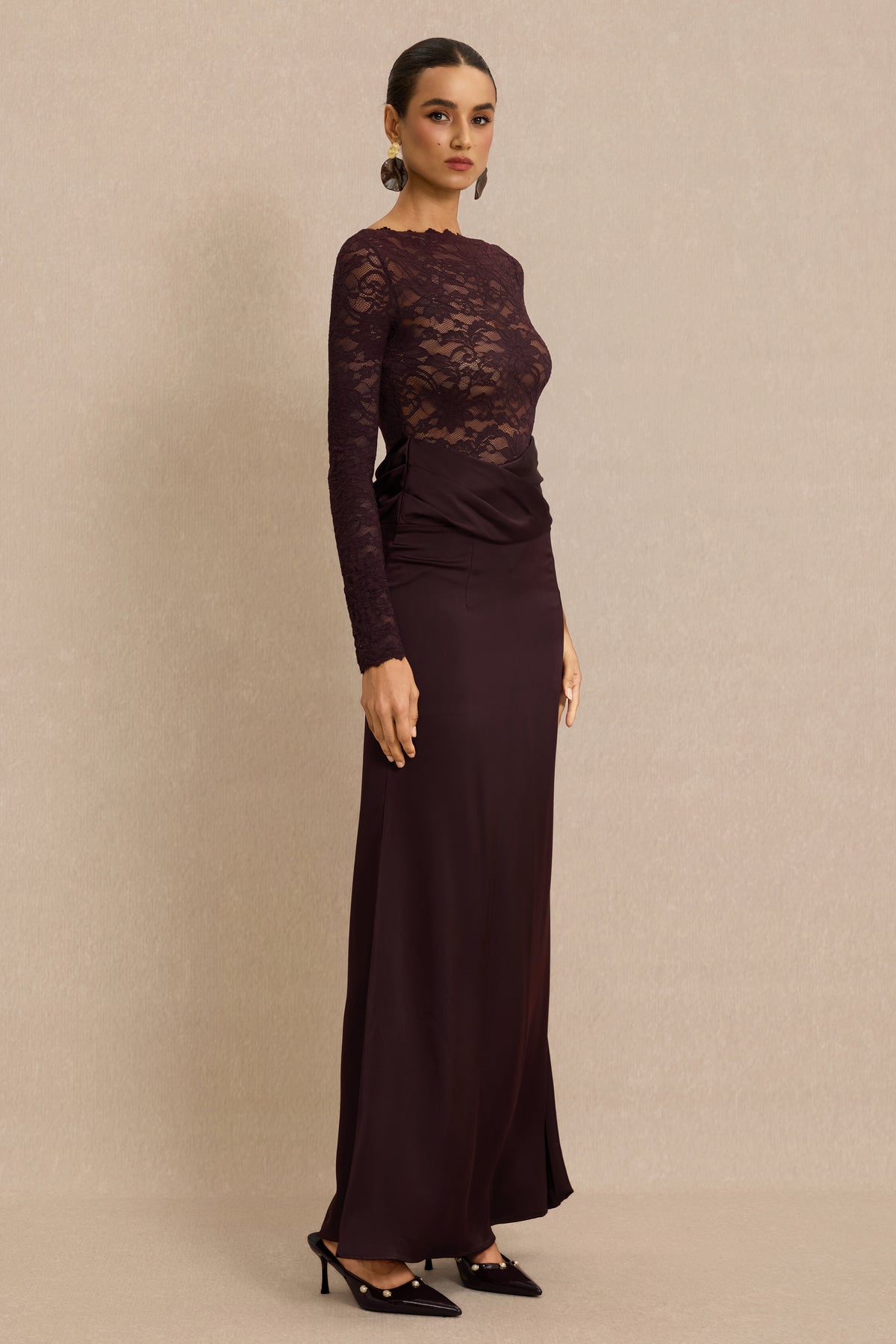 Lace Splicing Satin Long Sleeve Maxi Dress