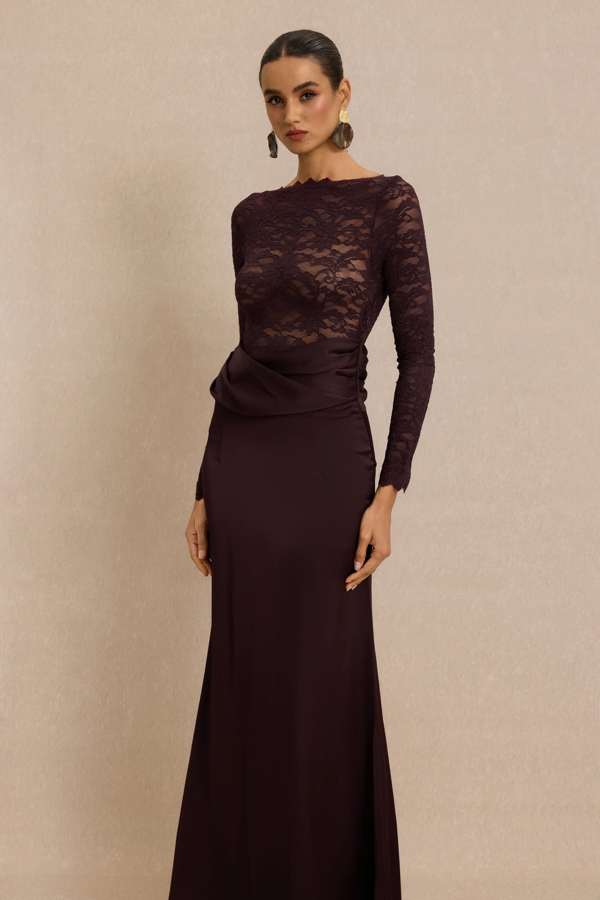 Lace Splicing Satin Long Sleeve Maxi Dress