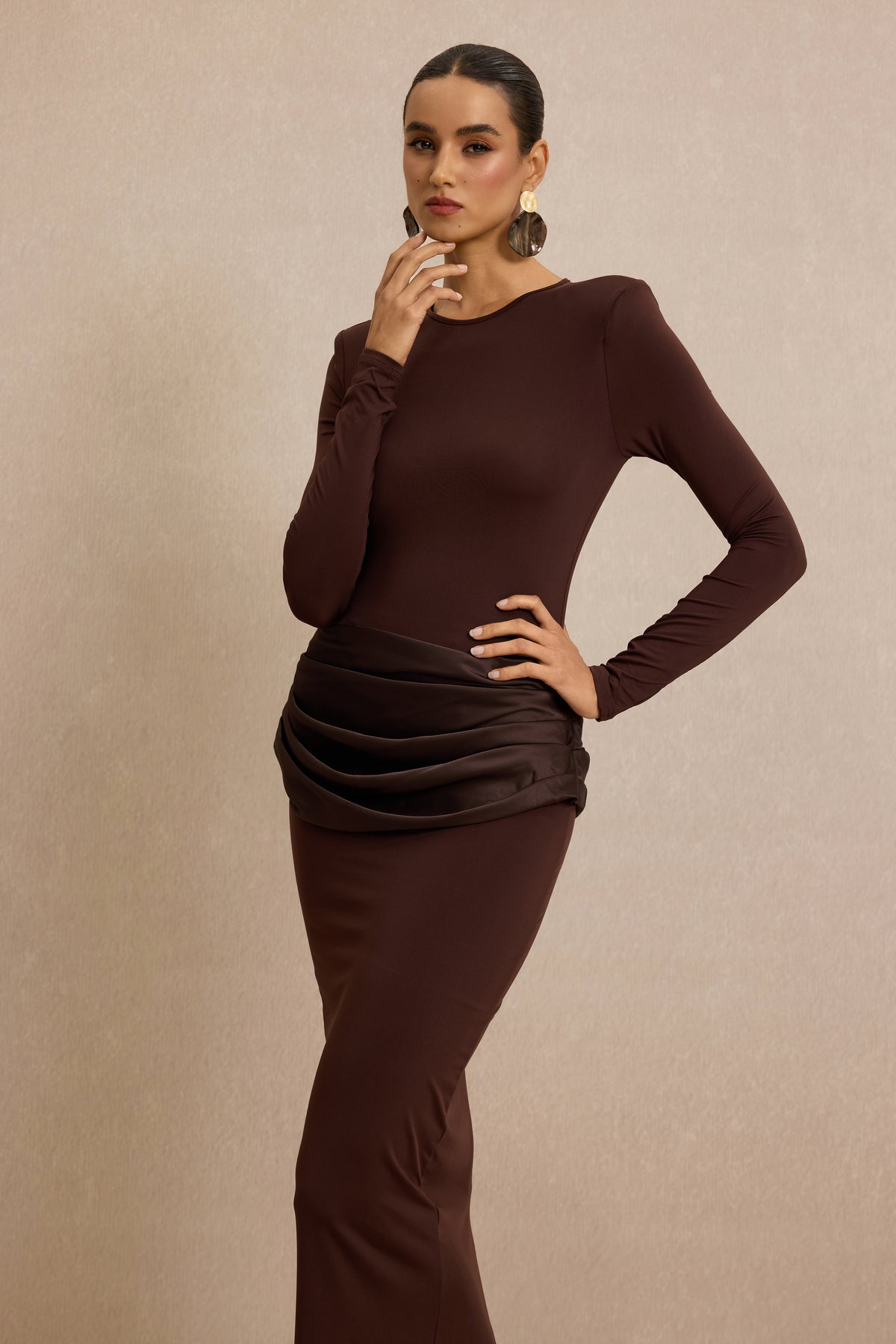 Jersey Splicing Satin Long Sleeve Maxi Dress