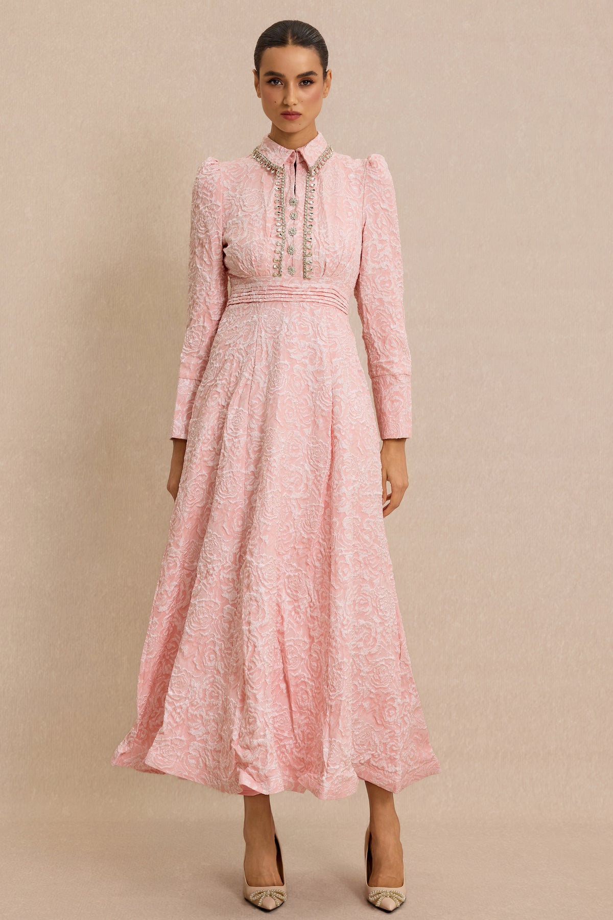 Jacquard Rhinestone Tie-Up Midi Dress