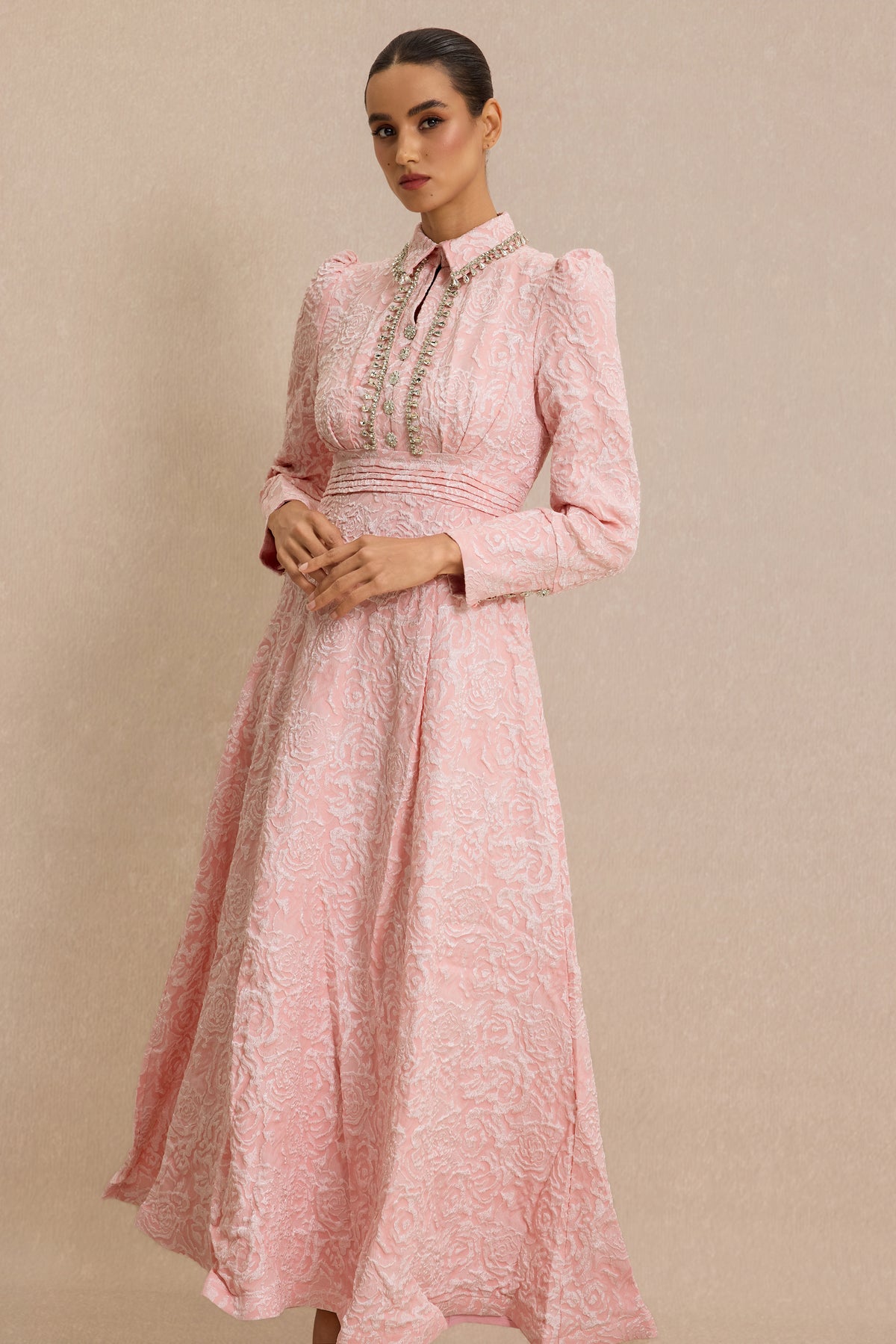 Jacquard Rhinestone Tie-Up Midi Dress