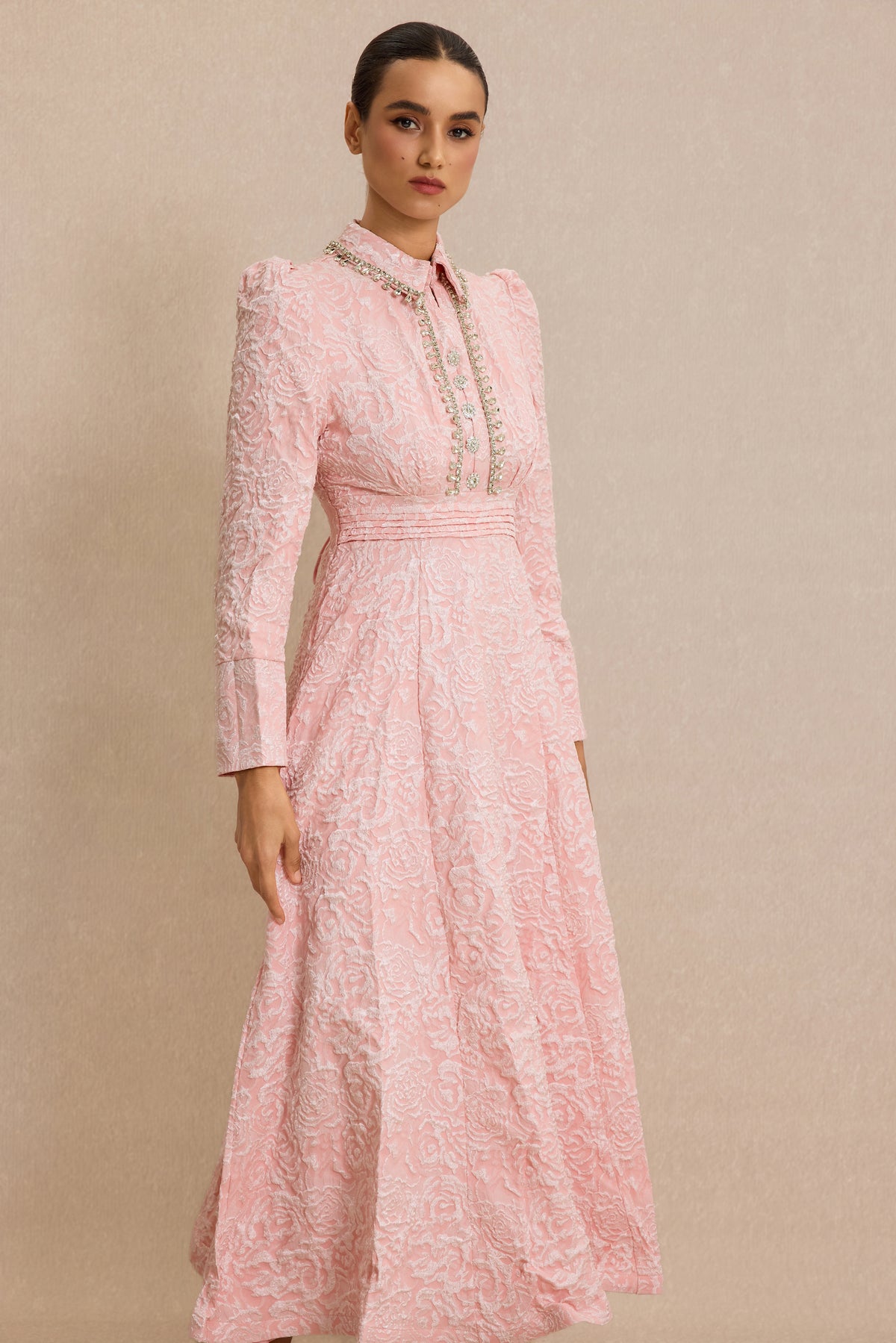 Jacquard Rhinestone Tie-Up Midi Dress