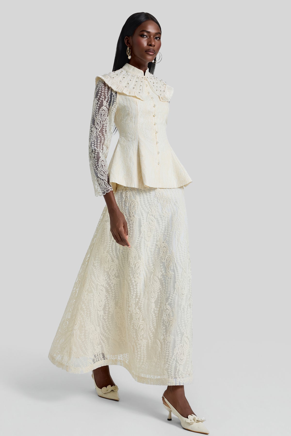 Rhinestone Ruffle Button Top & High Waist Maxi Skirt Set
