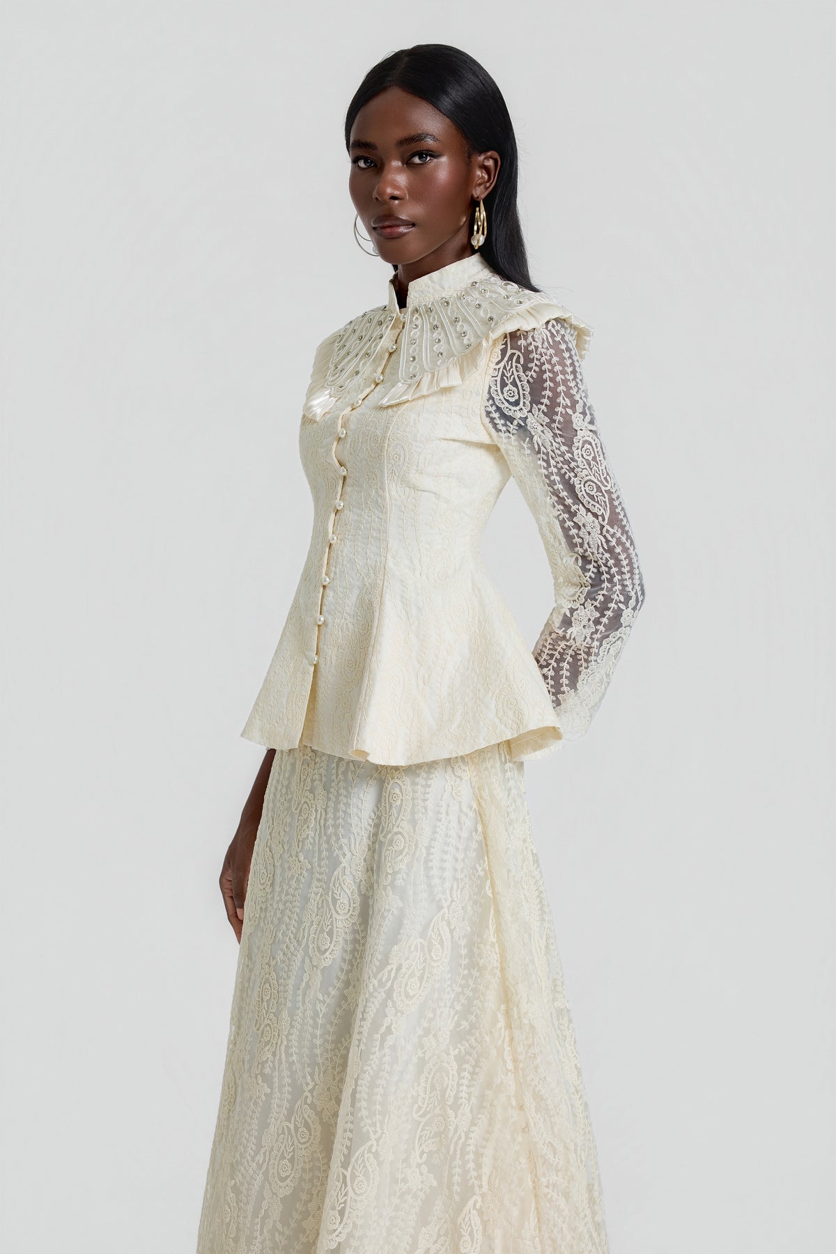Rhinestone Ruffle Button Top & High Waist Maxi Skirt Set