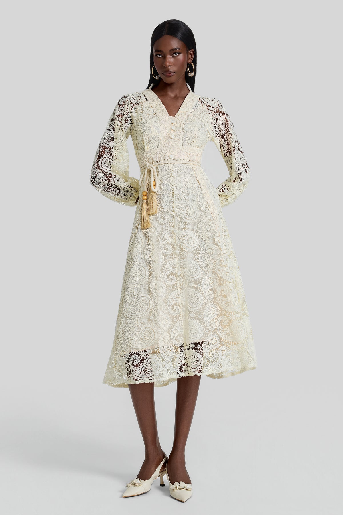 Lace Lantern Sleeve Lace Up Midi Dress