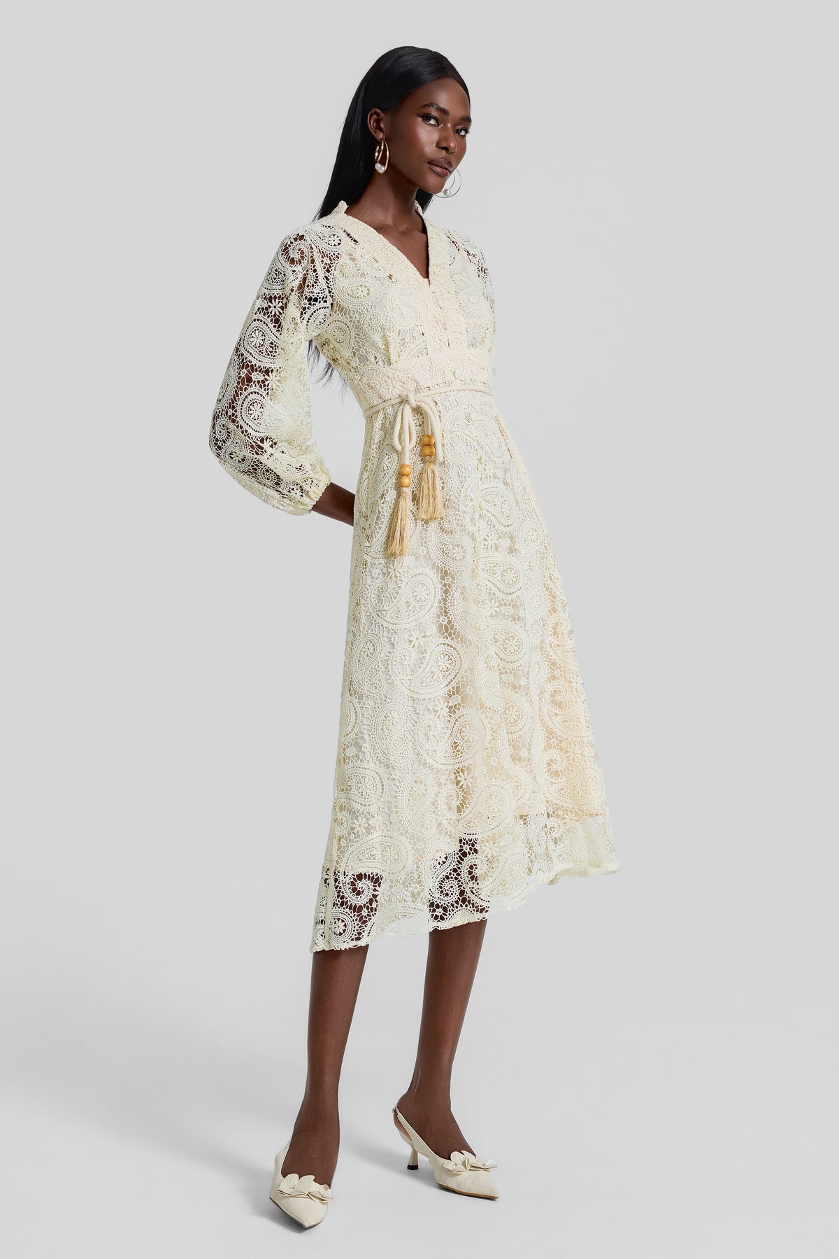 Lace Lantern Sleeve Lace Up Midi Dress