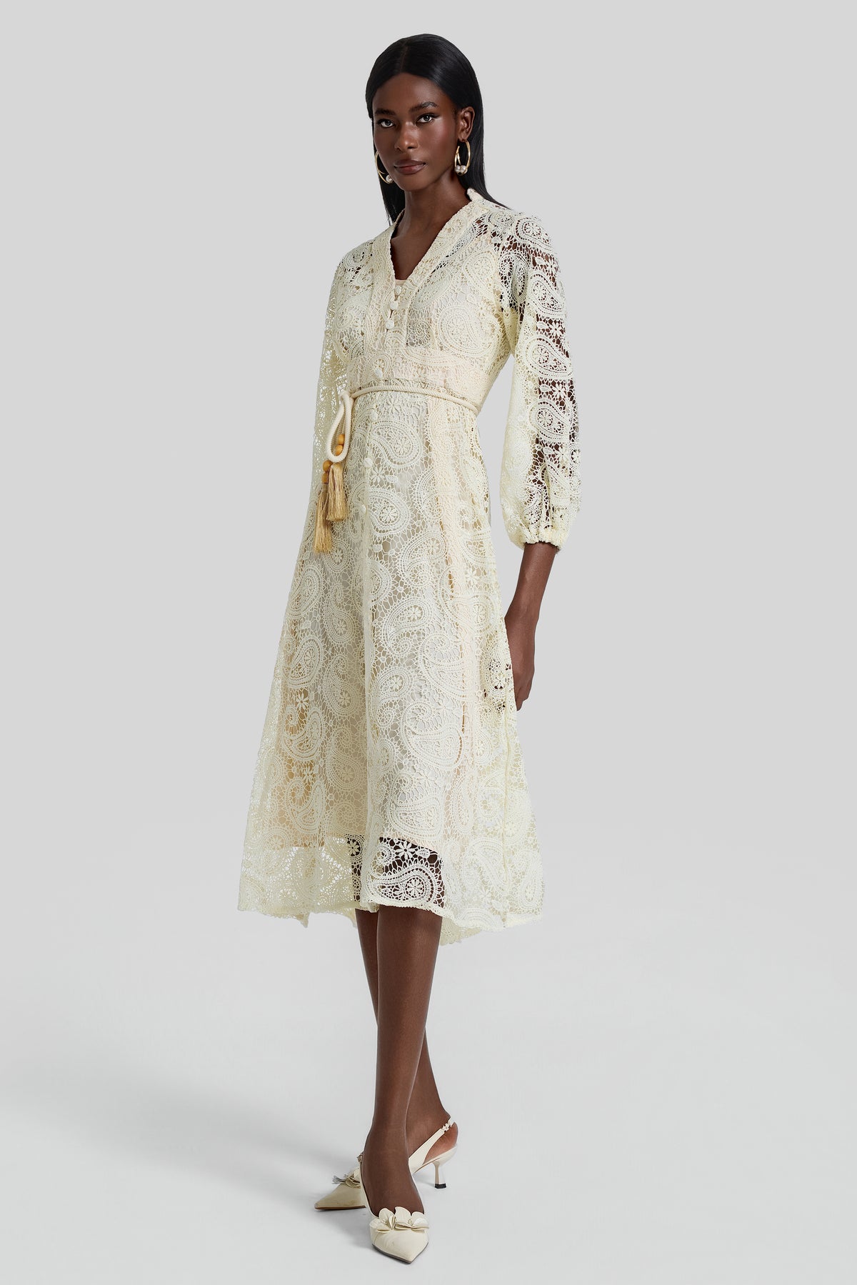 Lace Lantern Sleeve Lace Up Midi Dress