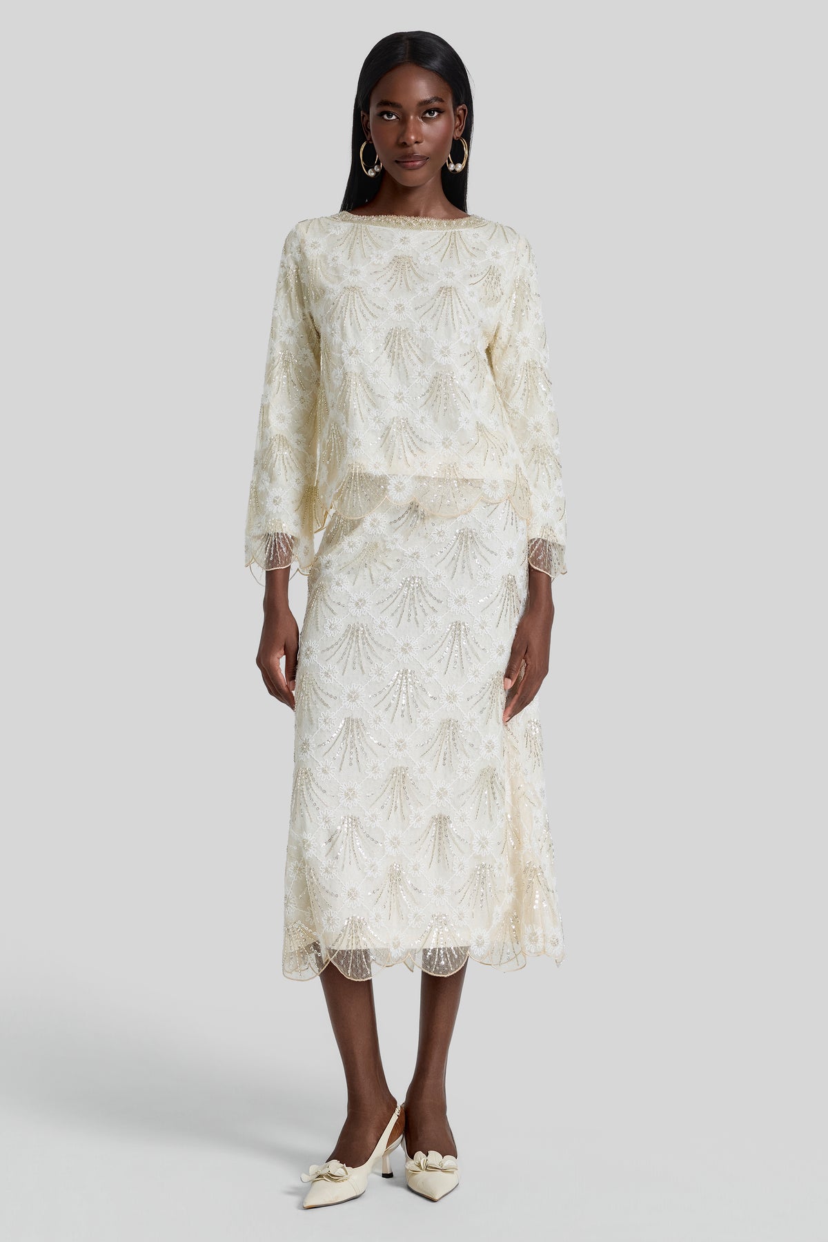 Nail Bead Embroidery Top & Low Waist Midi Skirt Set