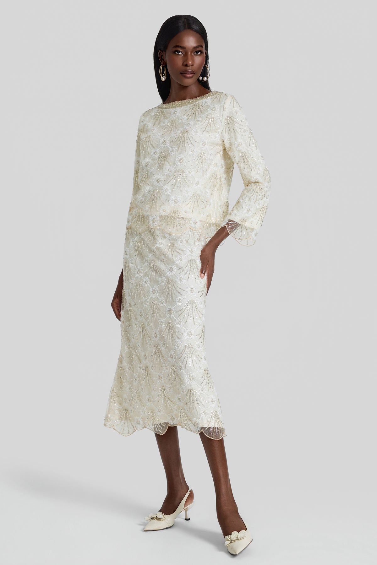 Nail Bead Embroidery Top & Low Waist Midi Skirt Set