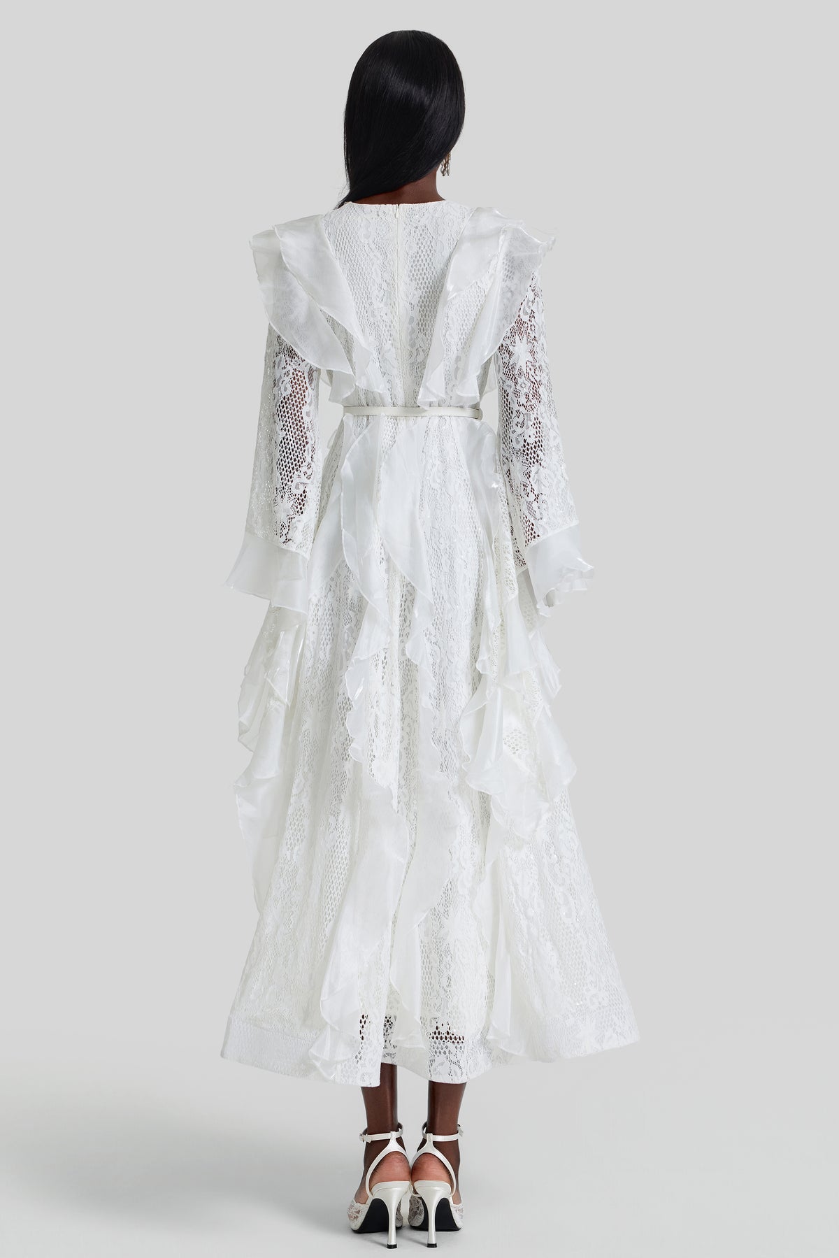 Lace Ruffle Embroidered Midi Dress With Belt