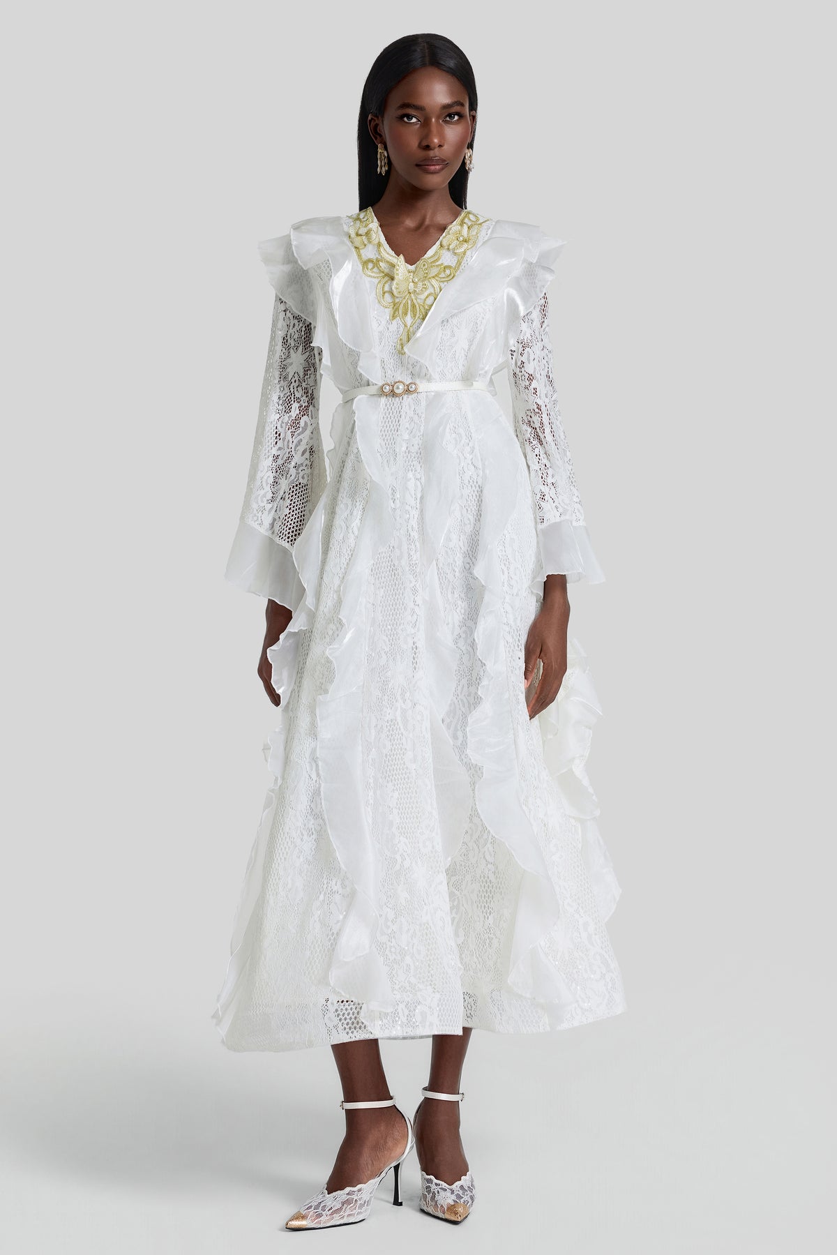 Lace Ruffle Embroidered Midi Dress With Belt