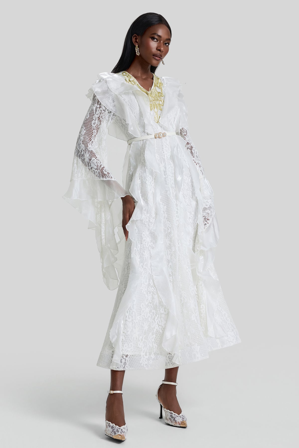 Lace Ruffle Embroidered Midi Dress With Belt