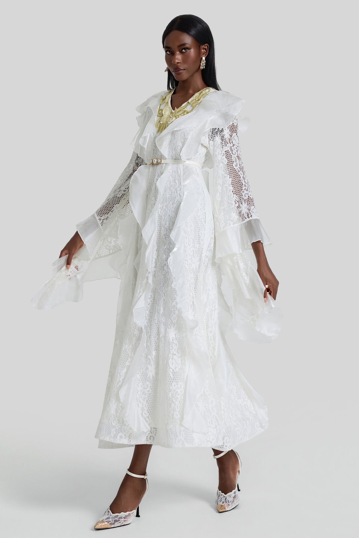 Lace Ruffle Embroidered Midi Dress With Belt