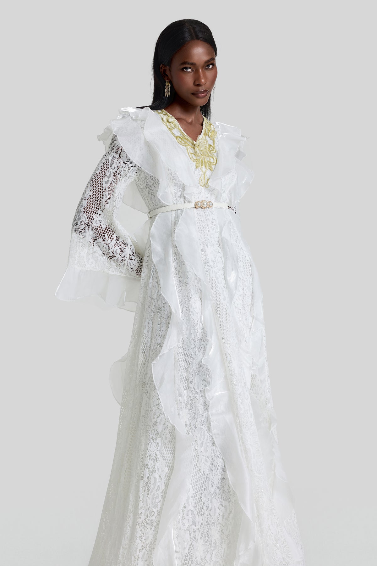 Lace Ruffle Embroidered Midi Dress With Belt