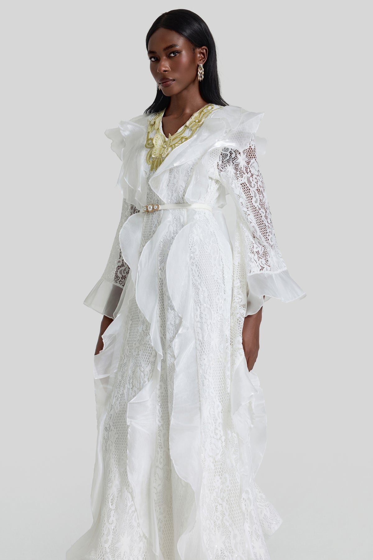 Lace Ruffle Embroidered Midi Dress With Belt