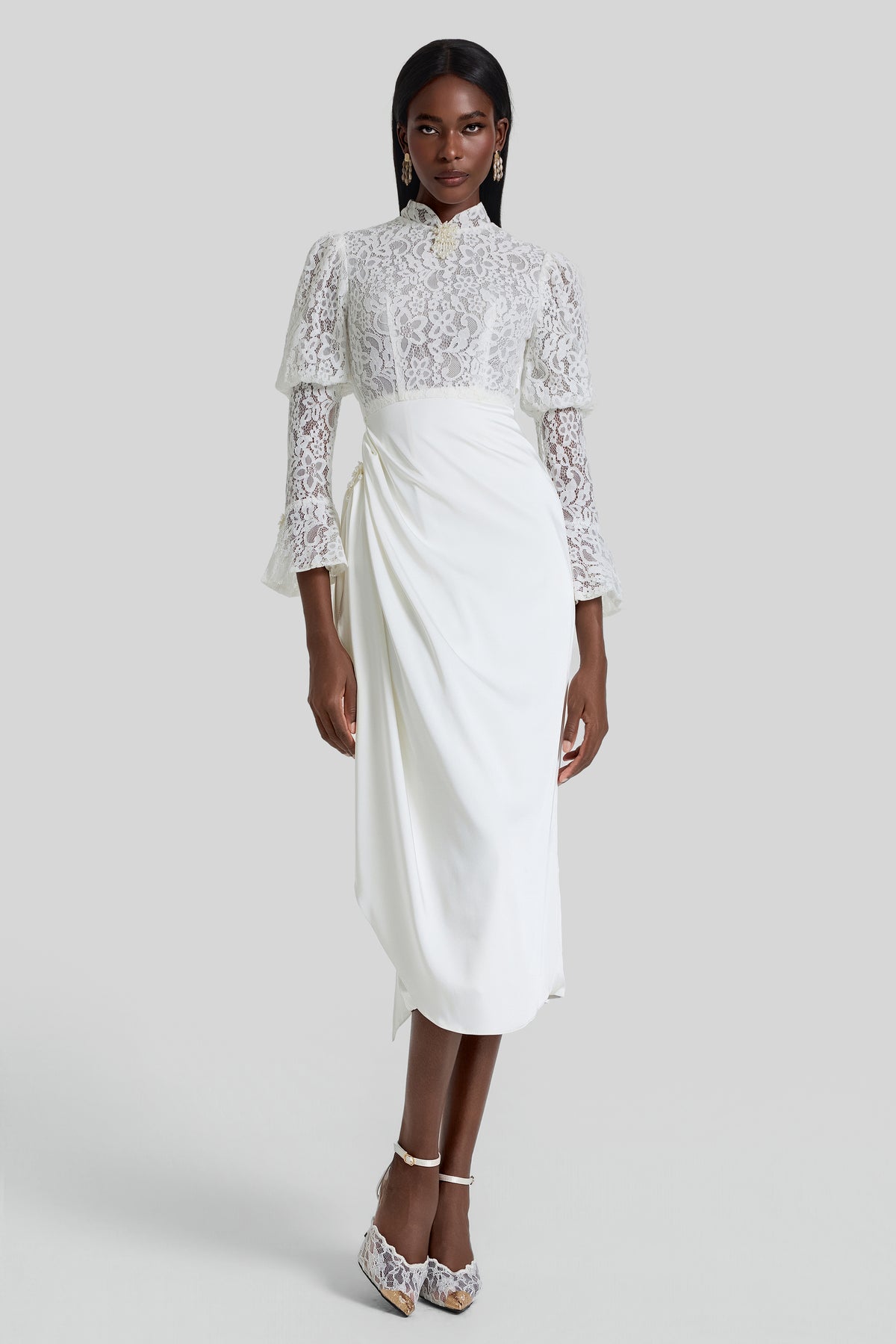 Lace Splicing Pleated Midi Dress