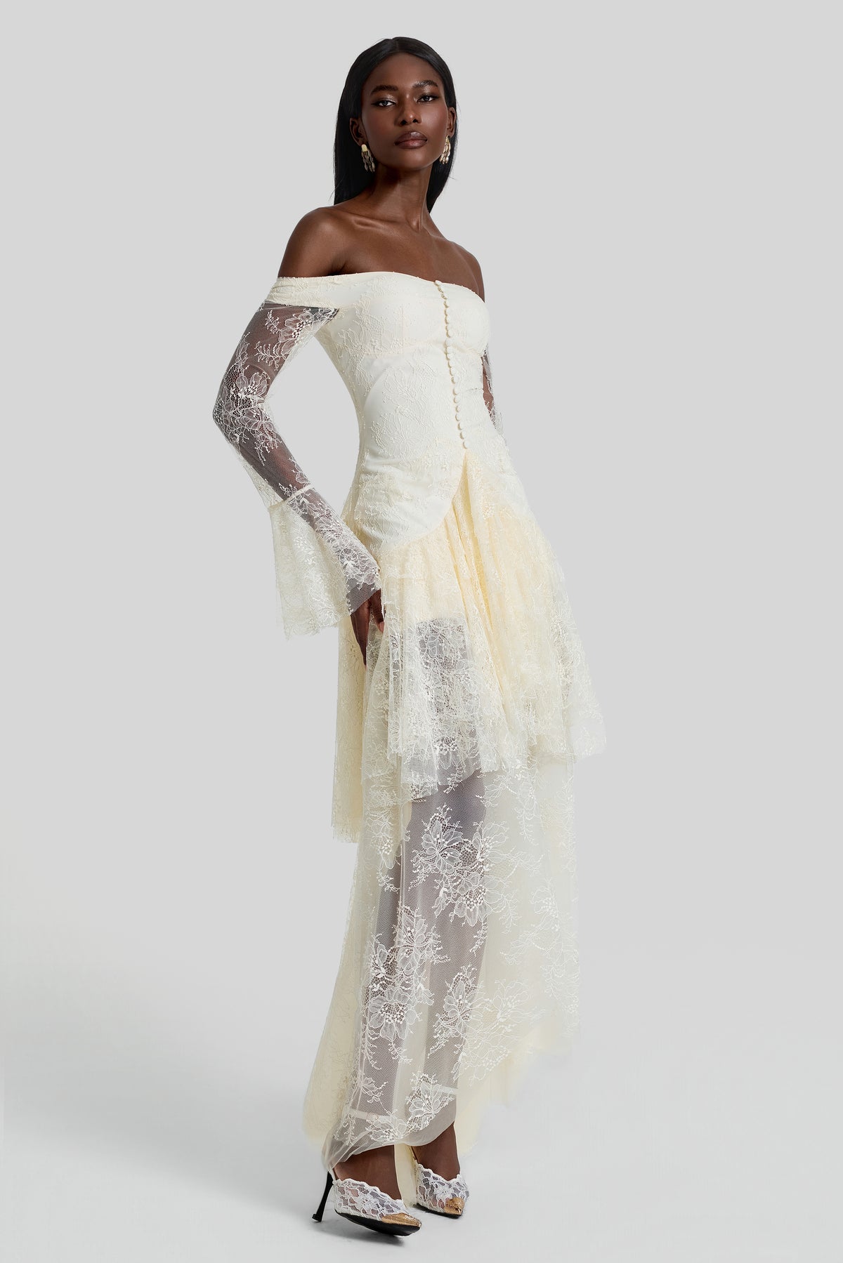 Lace Off Shoulder Ruffle Maxi Dress