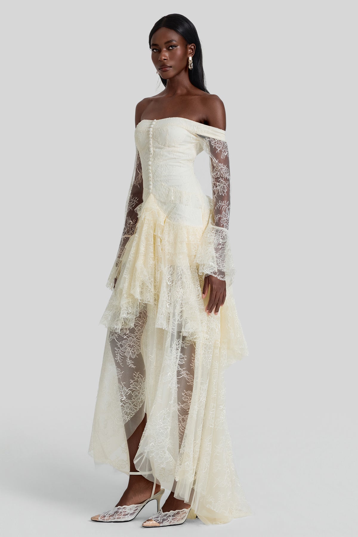 Lace Off Shoulder Ruffle Maxi Dress