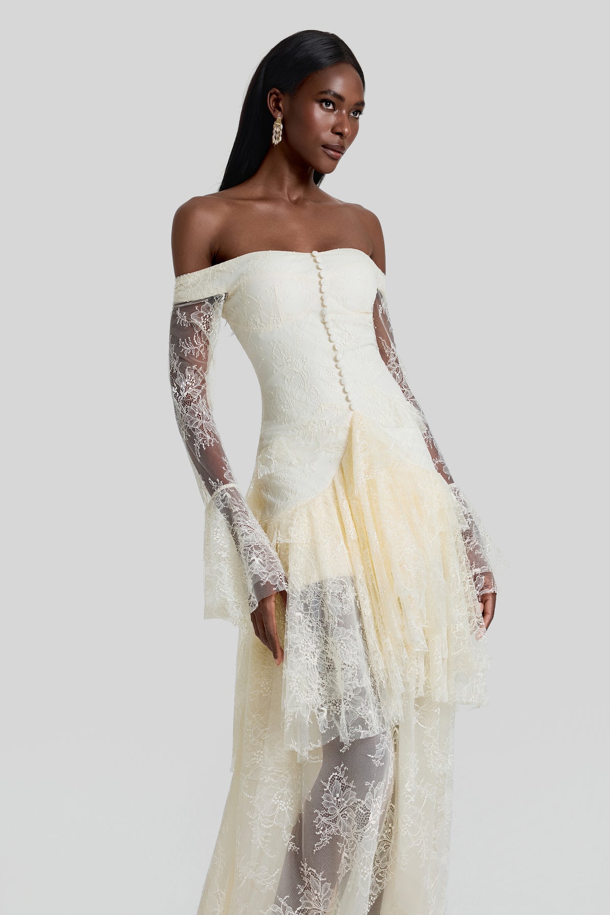 Lace Off Shoulder Ruffle Maxi Dress