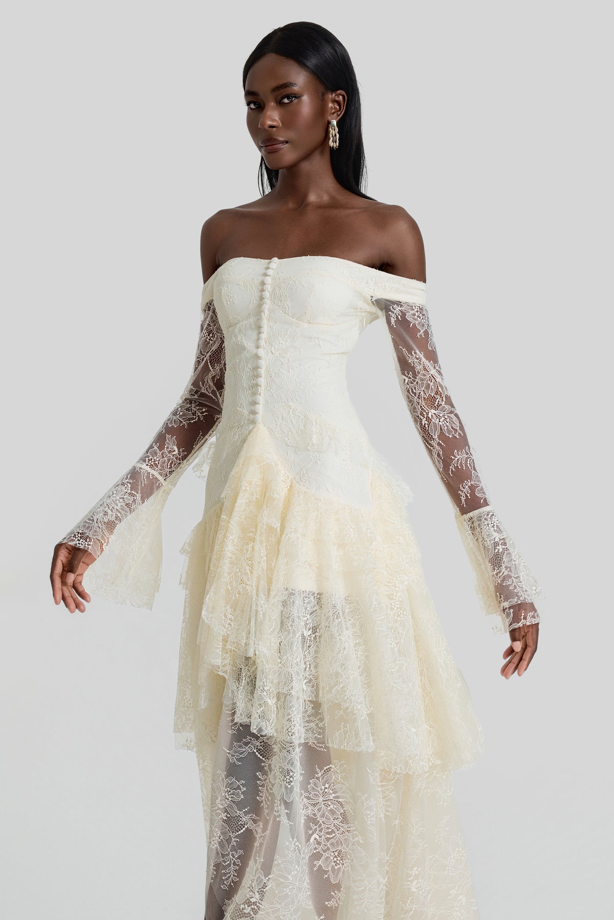 Lace Off Shoulder Ruffle Maxi Dress