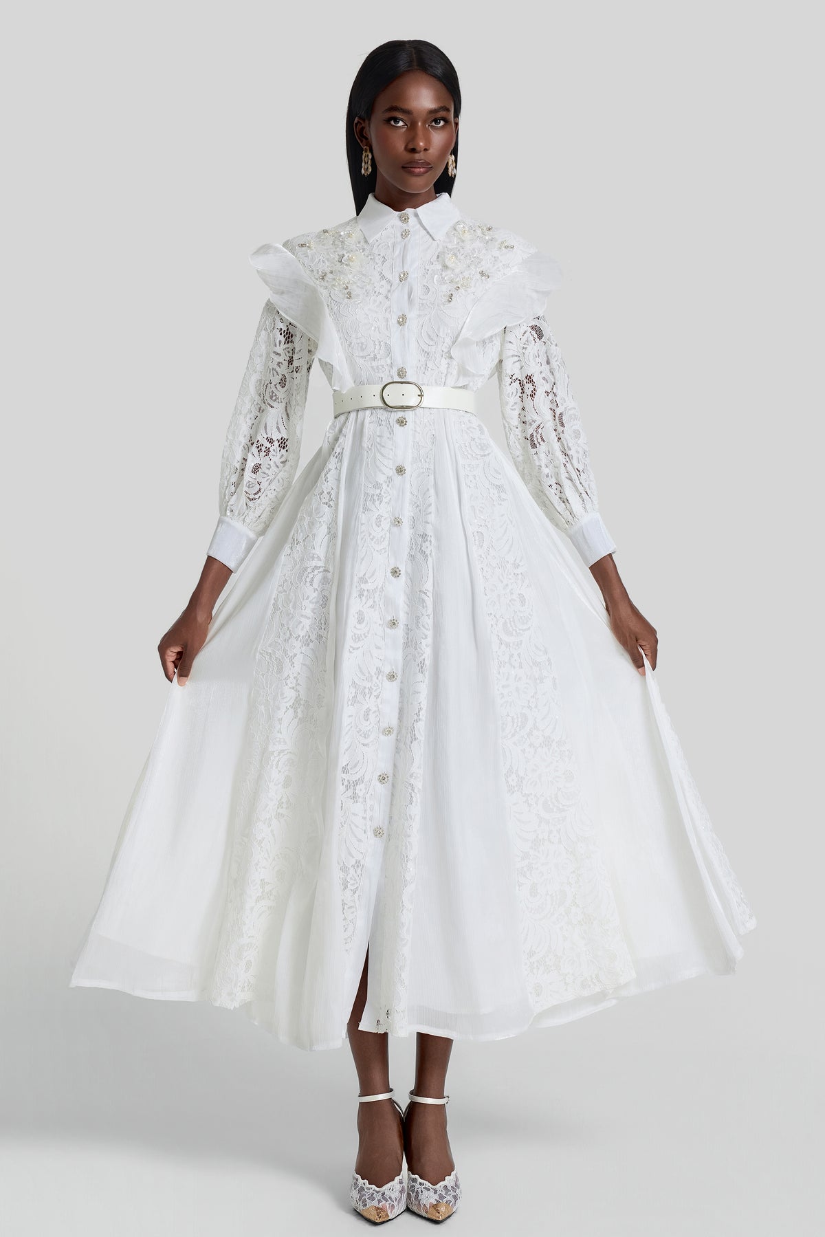 Nail Bead Embroidery Ruffle Flapped Midi Dress With Belt