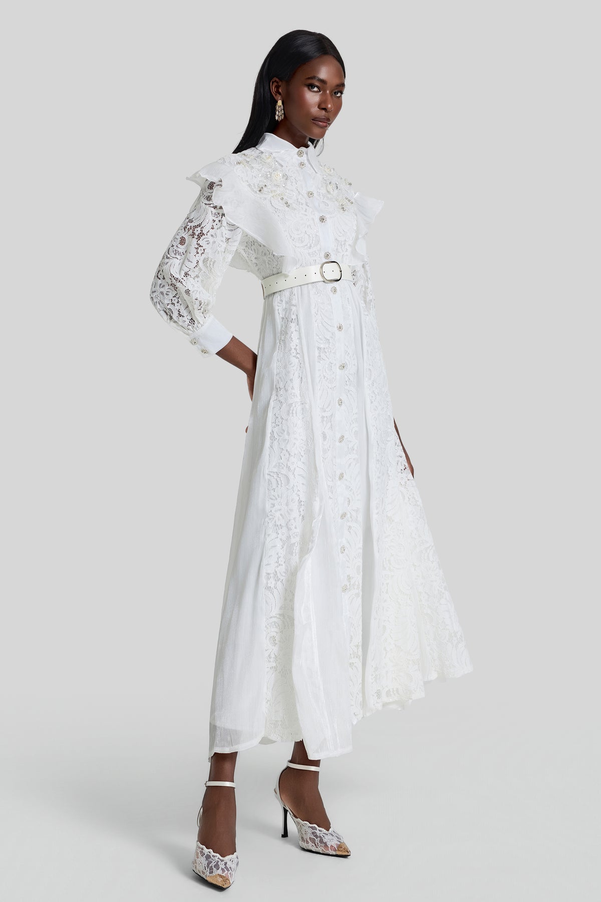 Nail Bead Embroidery Ruffle Flapped Midi Dress With Belt