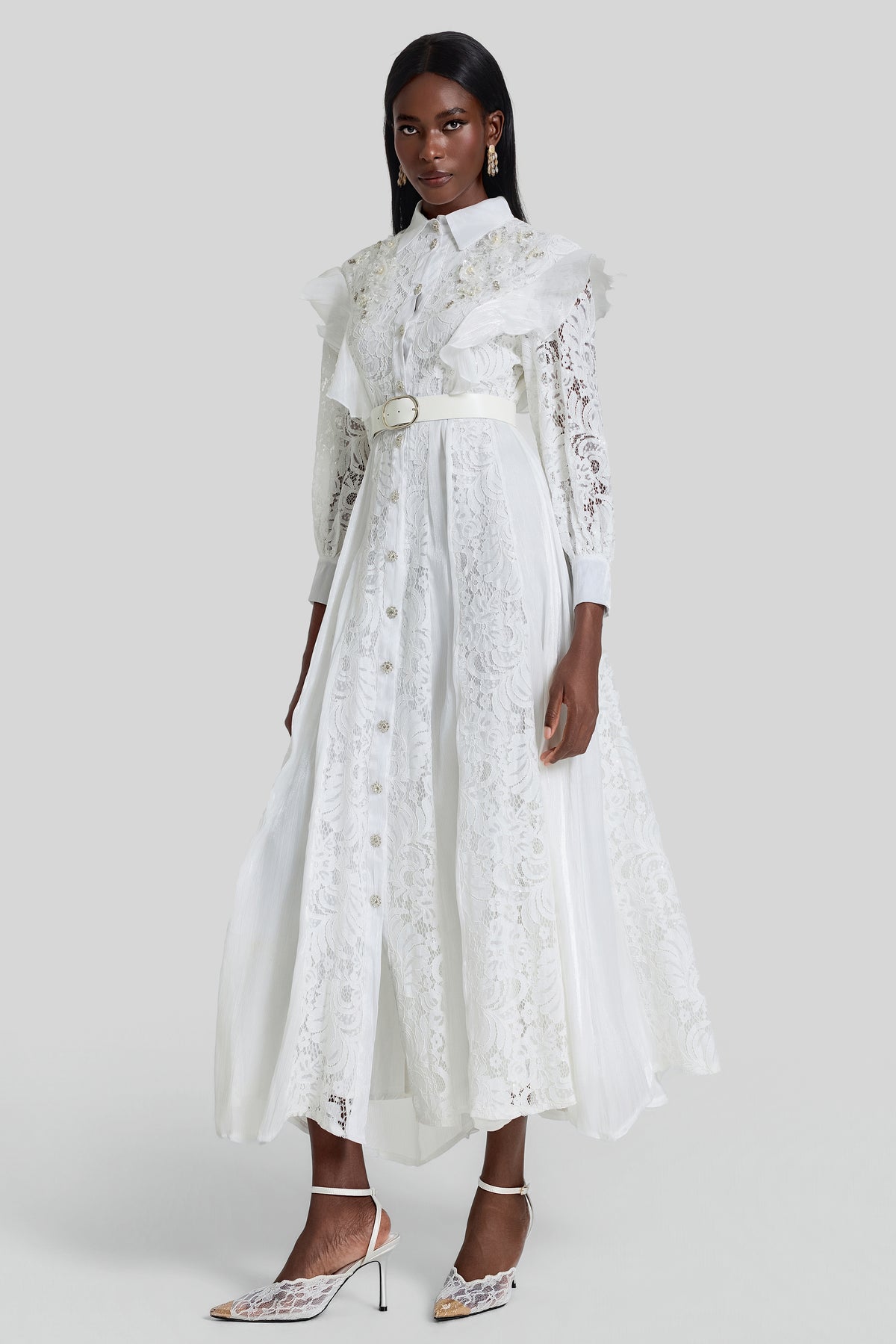 Nail Bead Embroidery Ruffle Flapped Midi Dress With Belt
