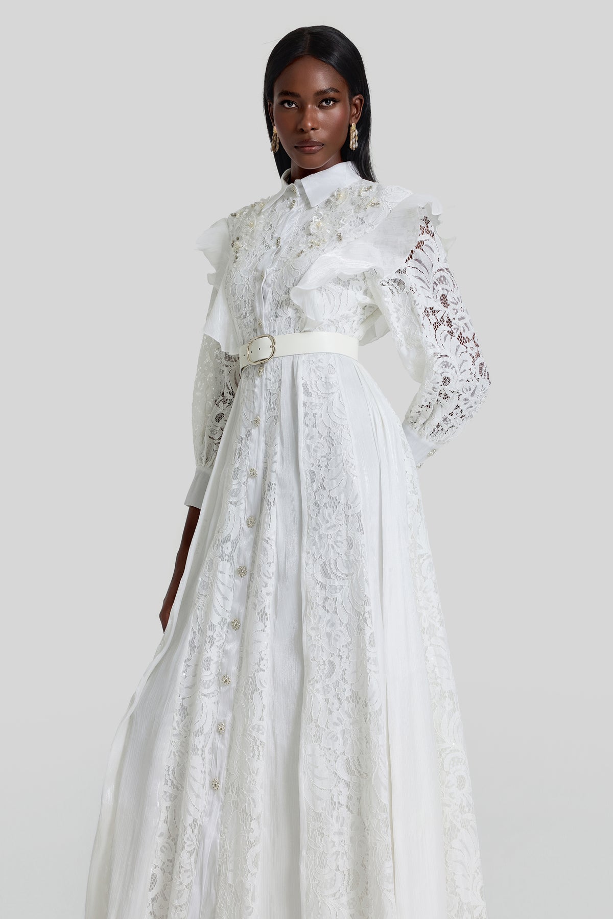 Nail Bead Embroidery Ruffle Flapped Midi Dress With Belt