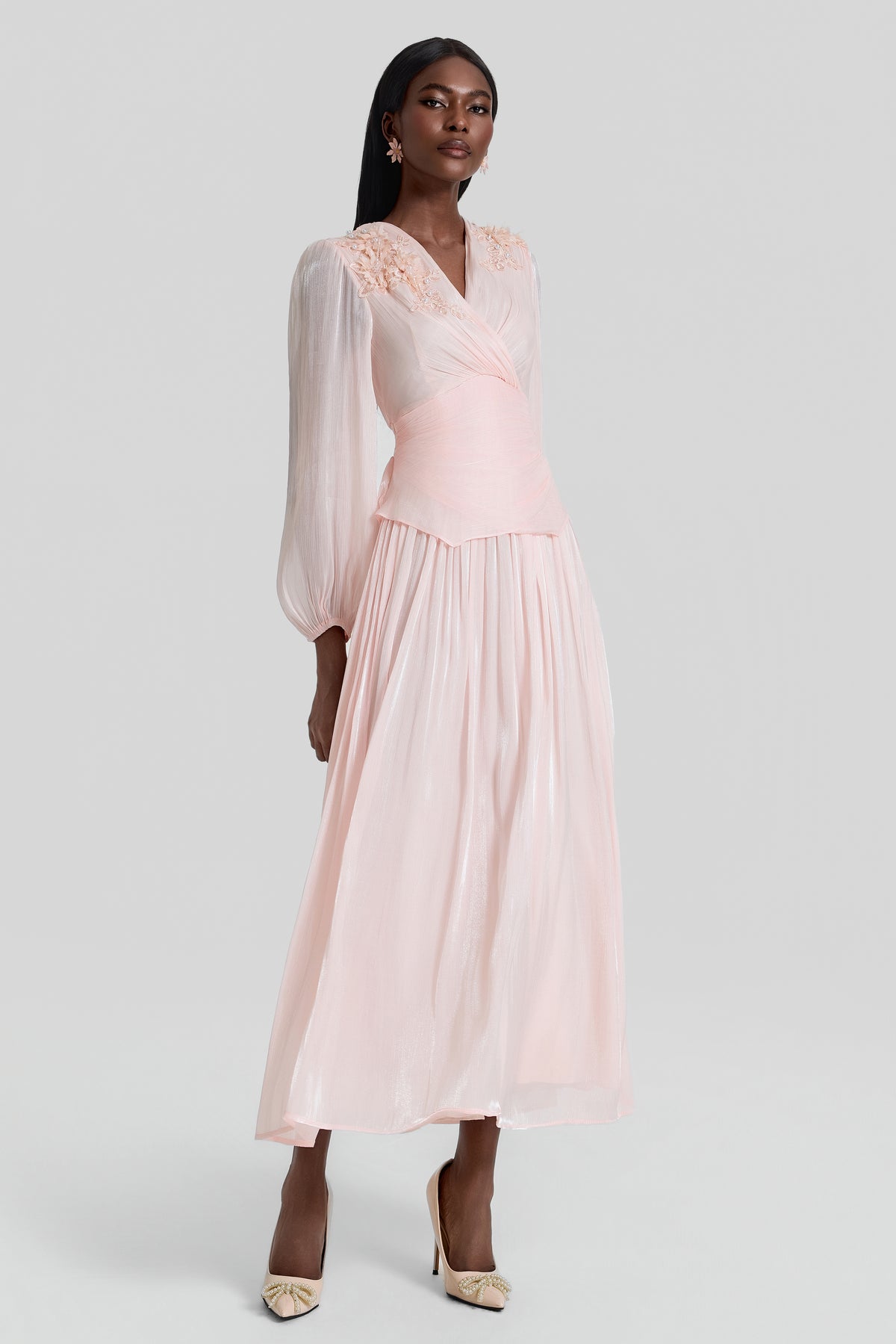 3D Flower V-Neck Gathering Midi Dress