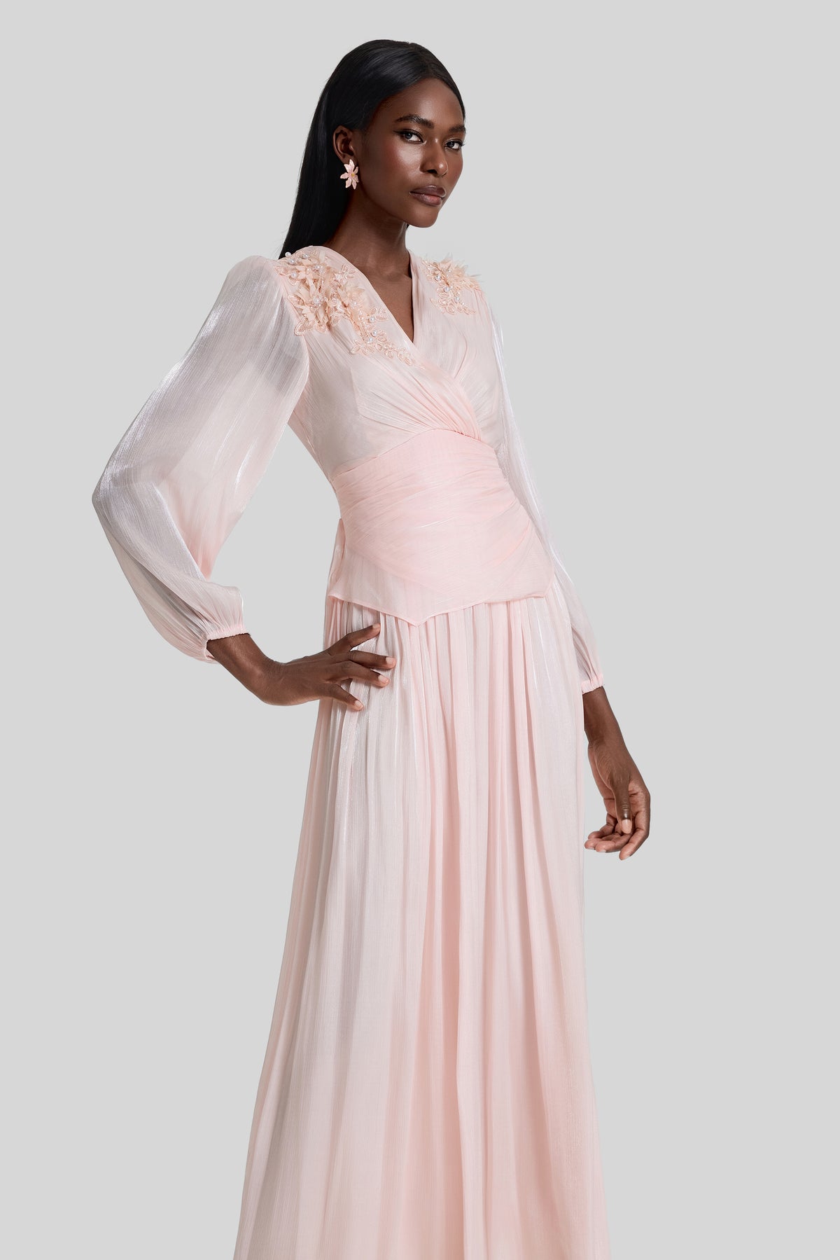 3D Flower V-Neck Gathering Midi Dress
