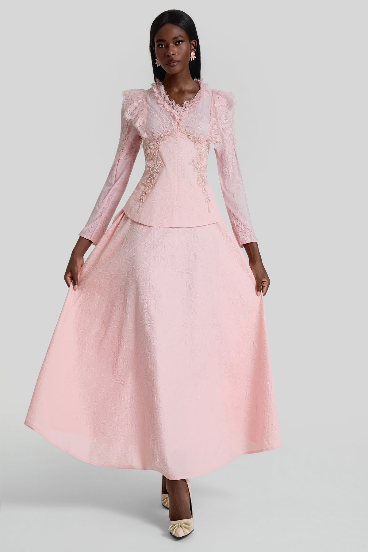 Lace Embroidered Top & Mid Waist Maxi Skirt Set