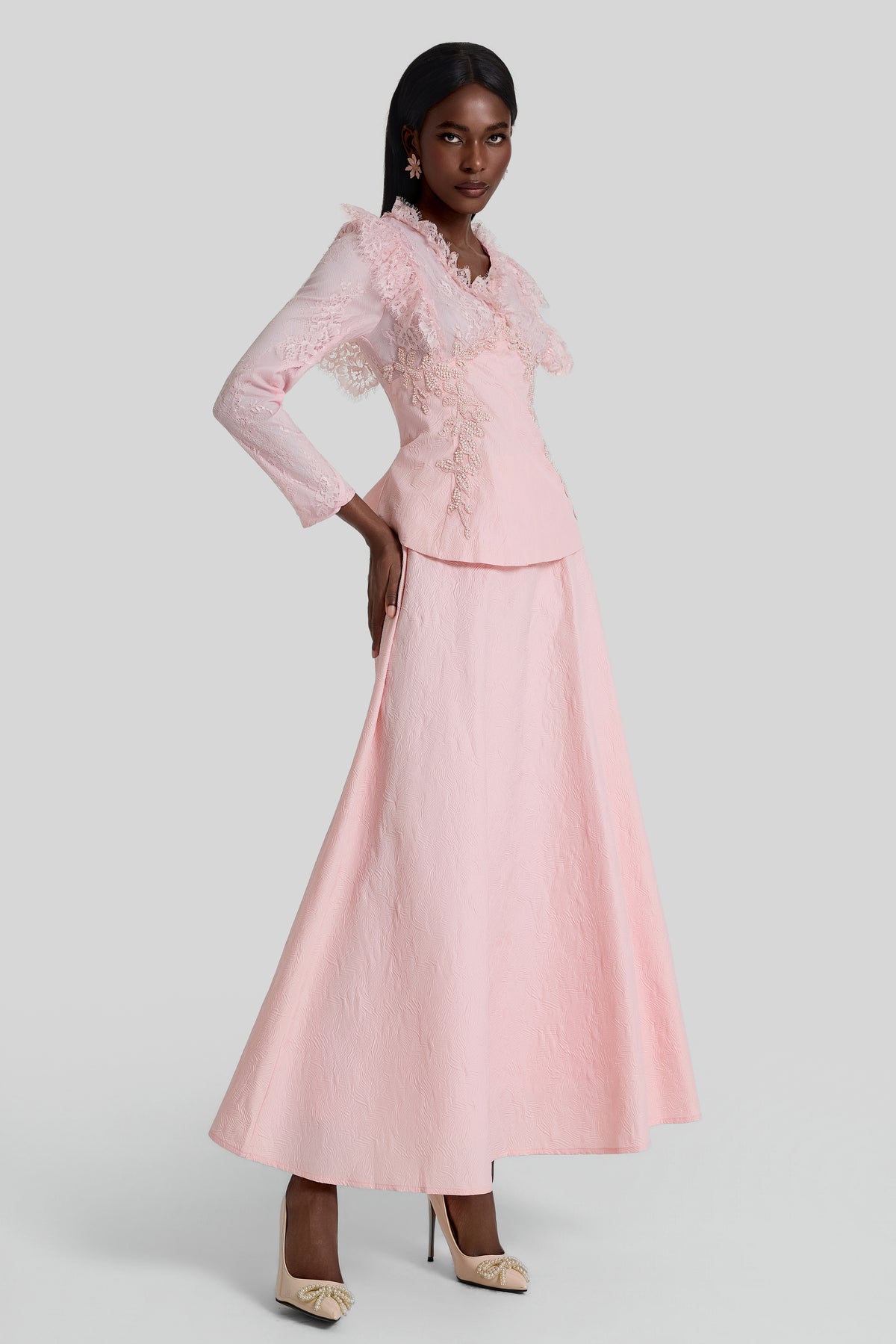 Lace Embroidered Top & Mid Waist Maxi Skirt Set