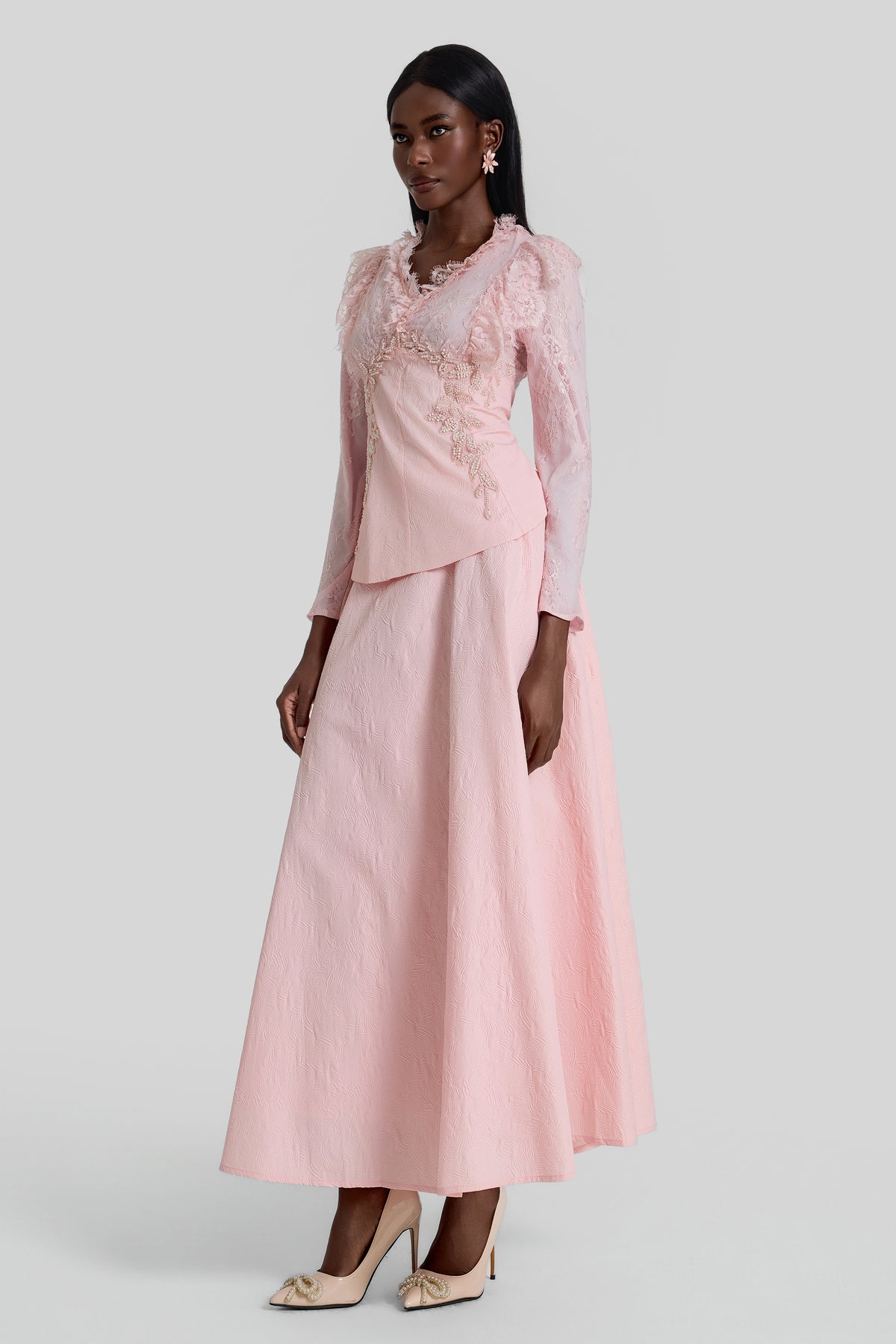 Lace Embroidered Top & Mid Waist Maxi Skirt Set