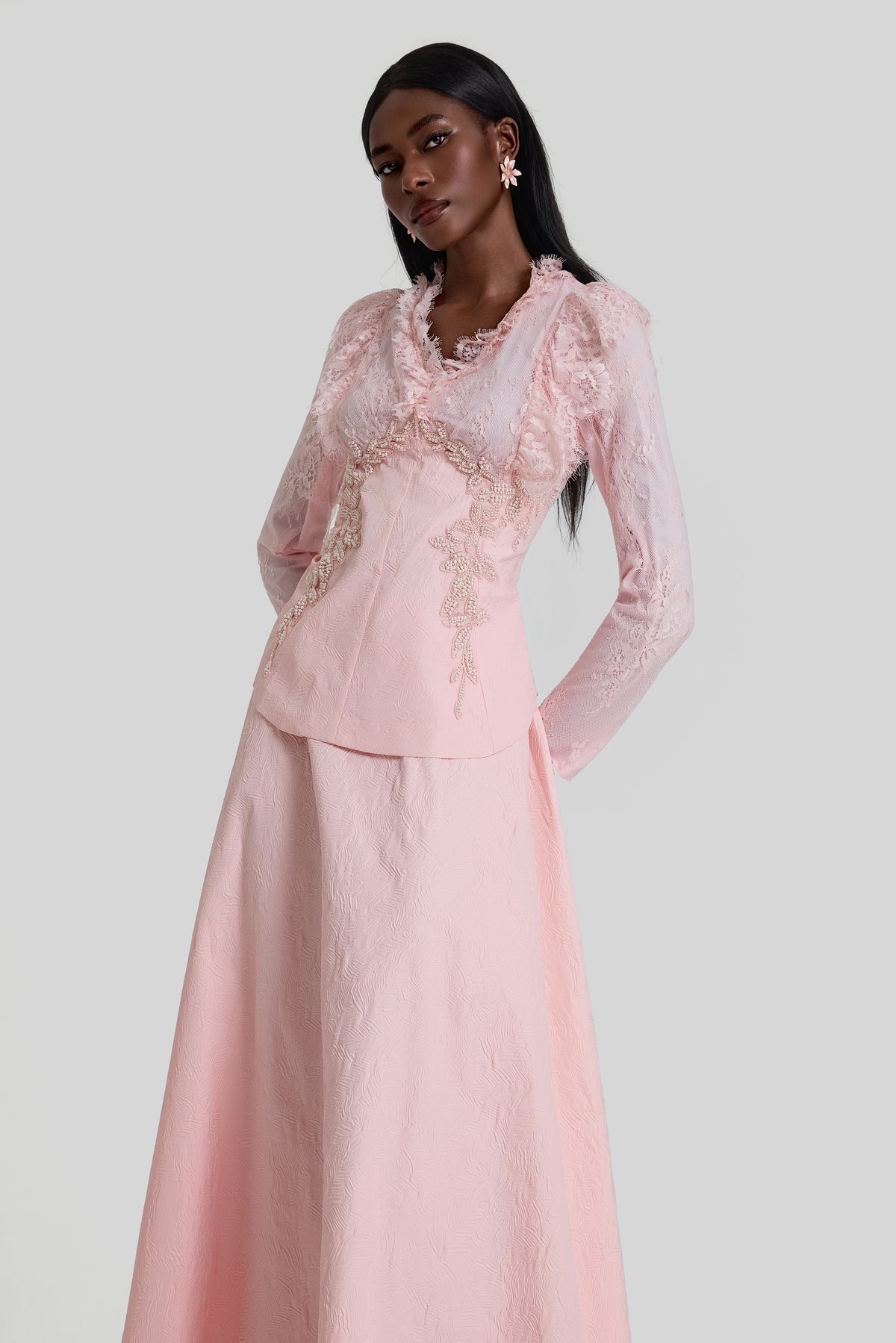 Lace Embroidered Top & Mid Waist Maxi Skirt Set