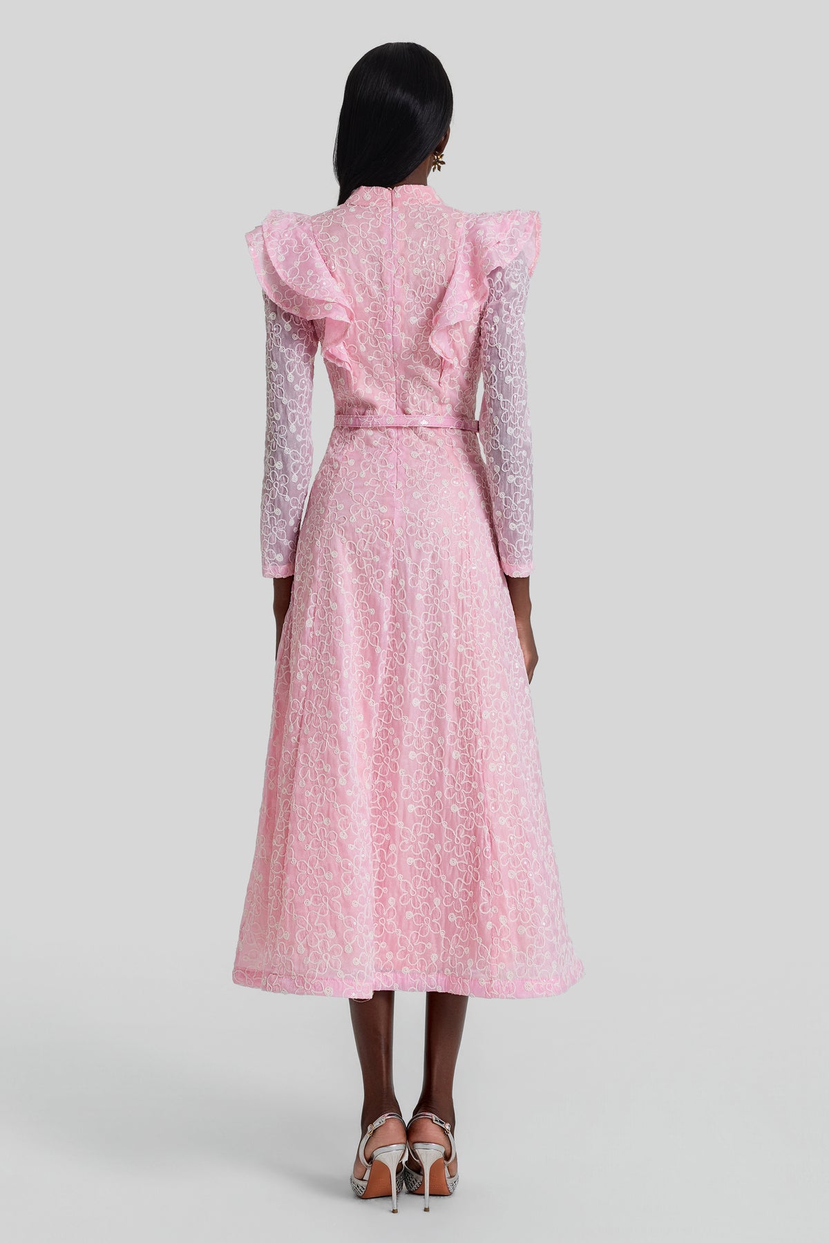 Embroidered Sequin Midi Dress With Belt